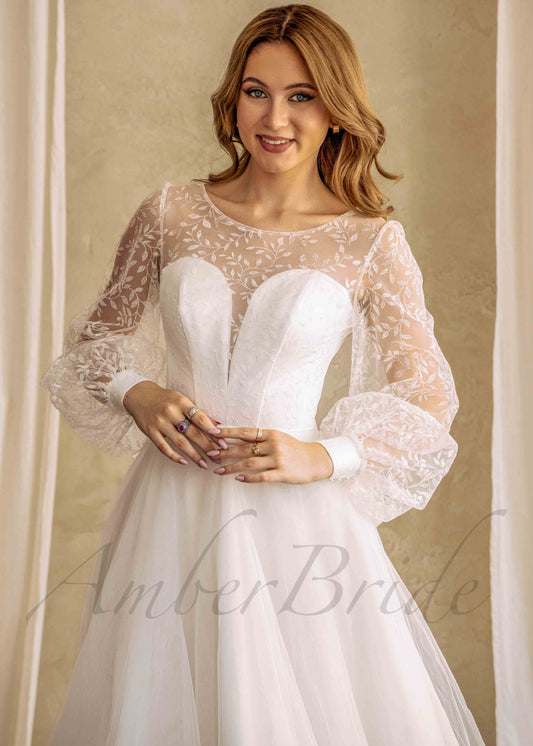 Rustic Floral Wedding Dress with Long Puffy Sleeve and Deep V-Neck