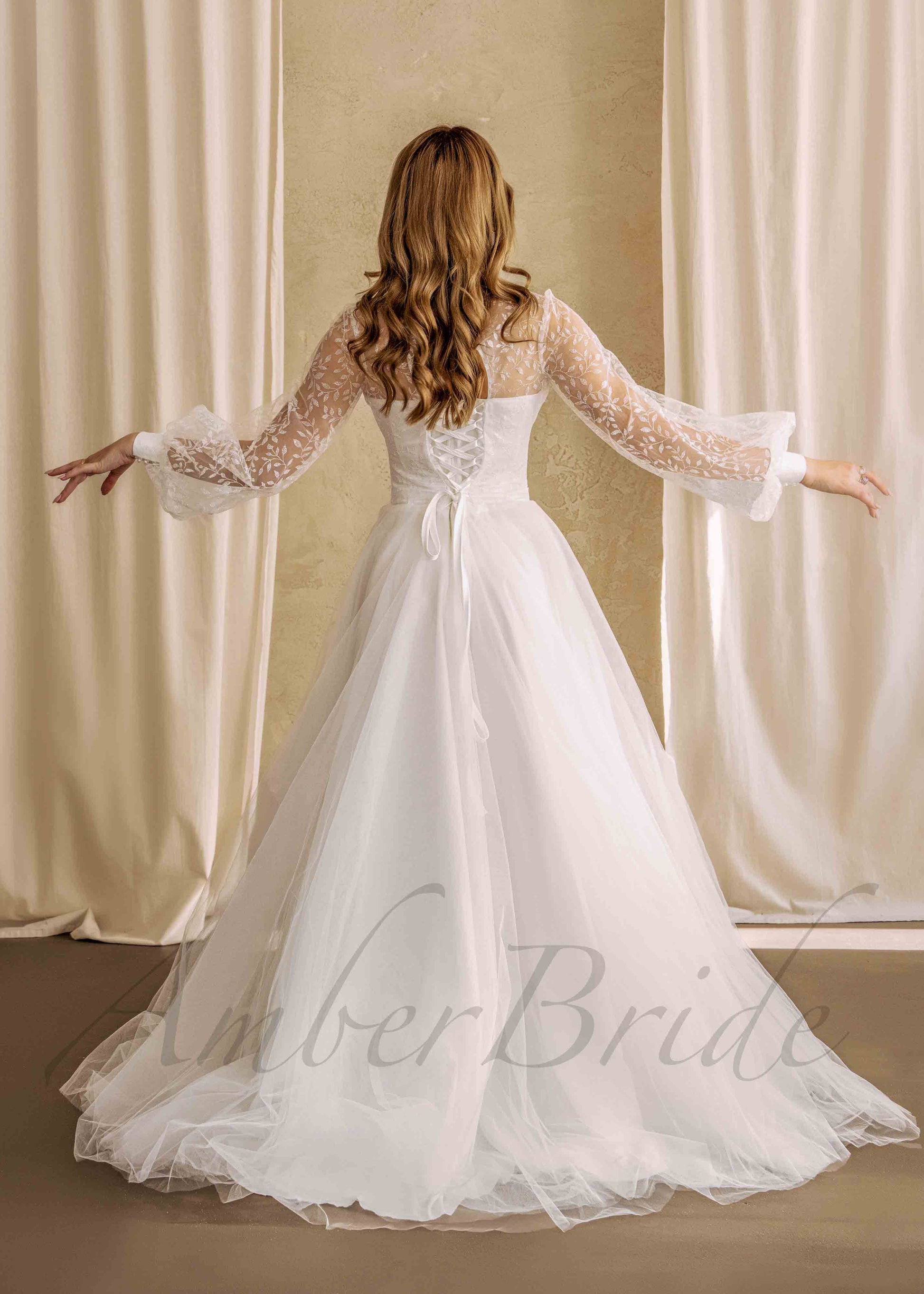 Rustic Floral Wedding Dress with Long Puffy Sleeve and Deep V-Neck
