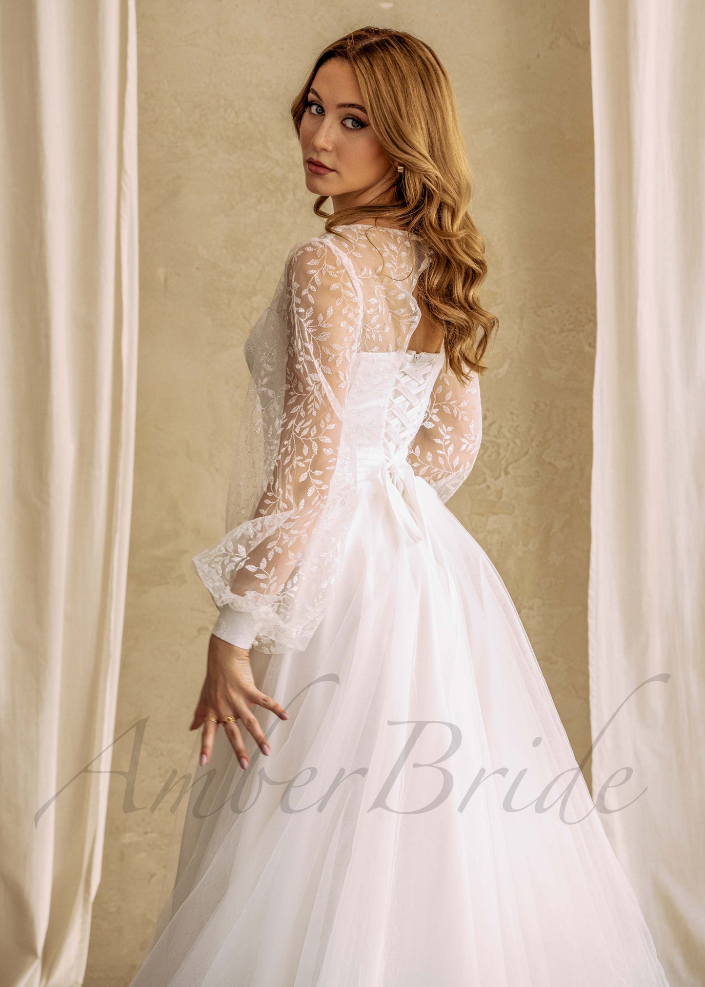 Rustic Floral Wedding Dress with Long Puffy Sleeve and Deep V-Neck