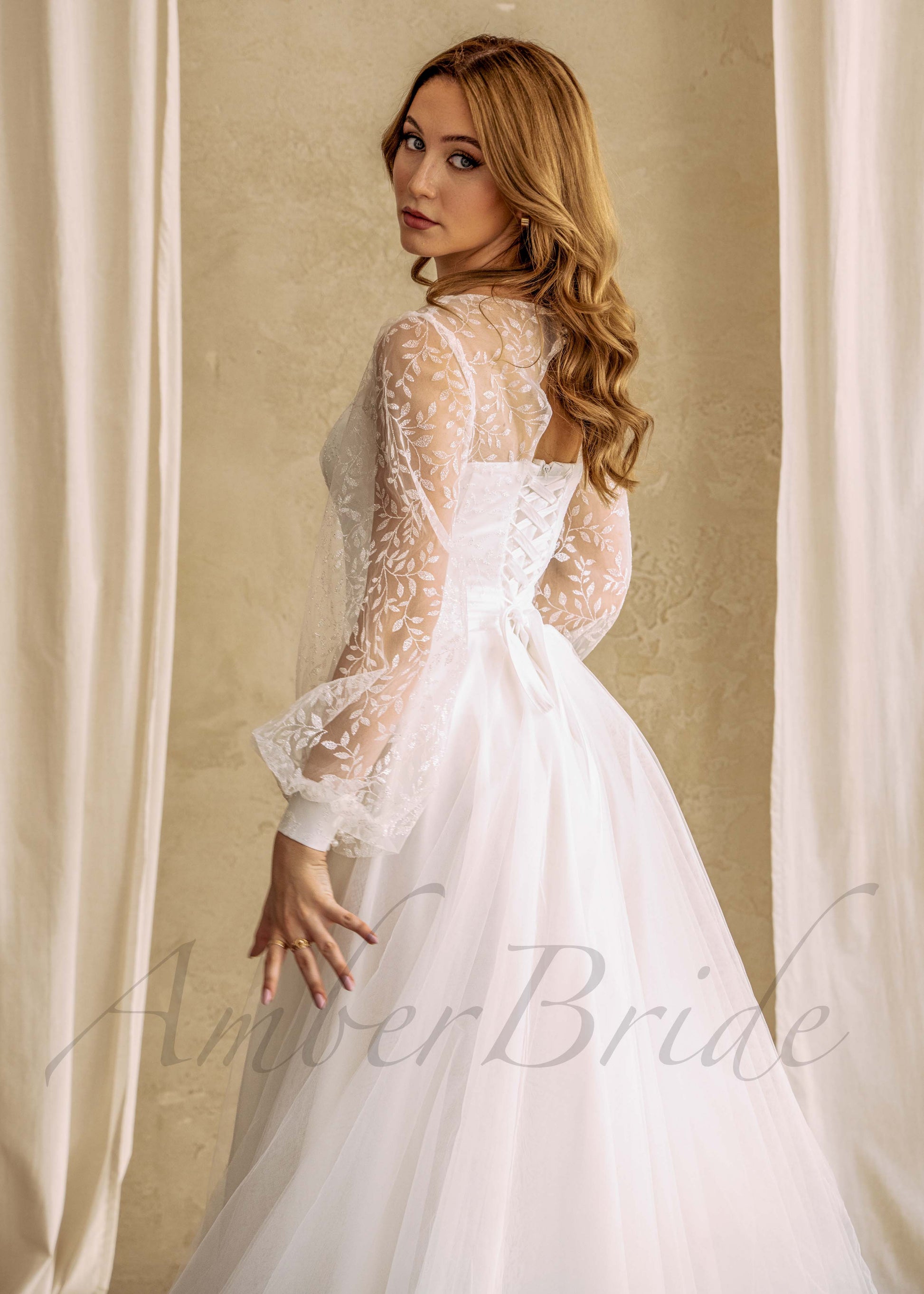 Rustic Floral Wedding Dress with Long Puffy Sleeve and Deep V-Neck