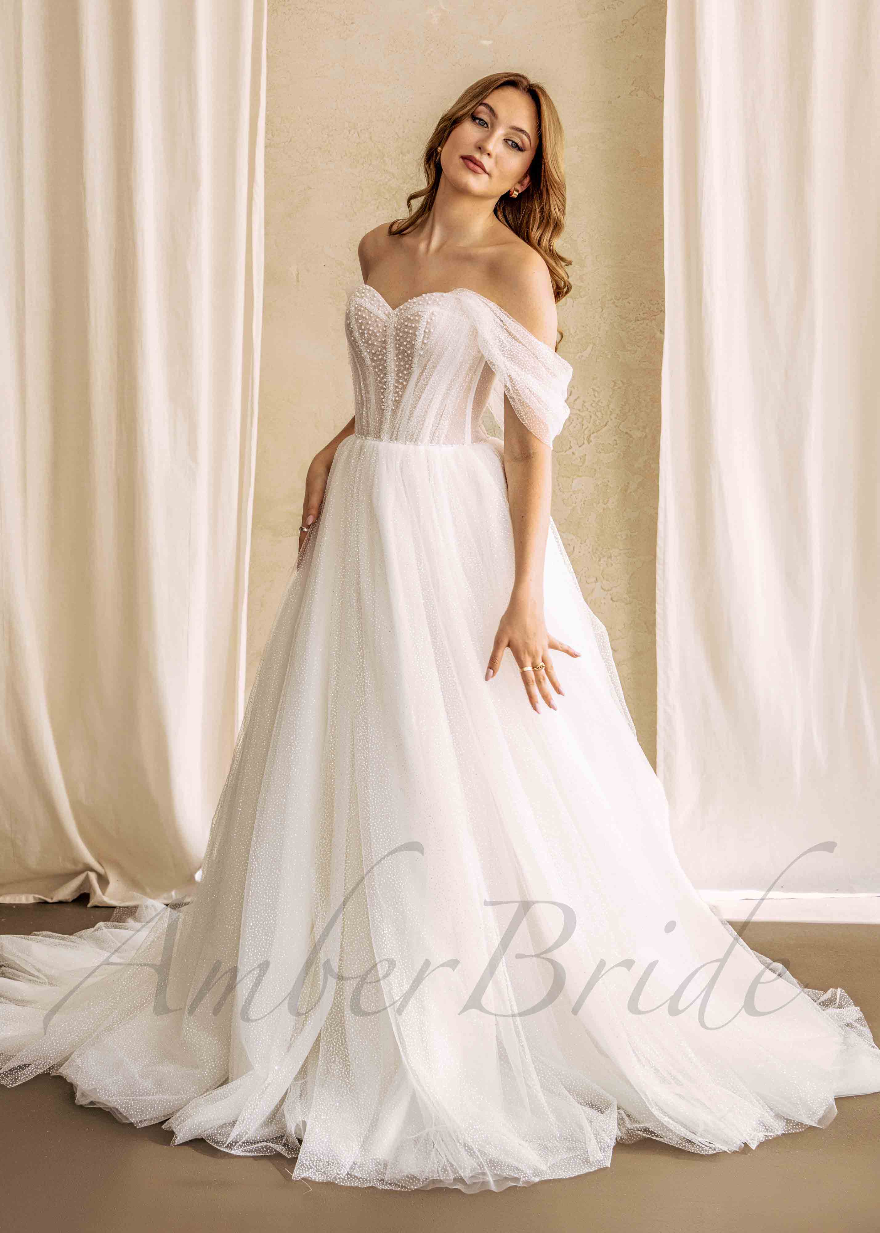 Glittery Tulle Wedding Dress with Pearls
