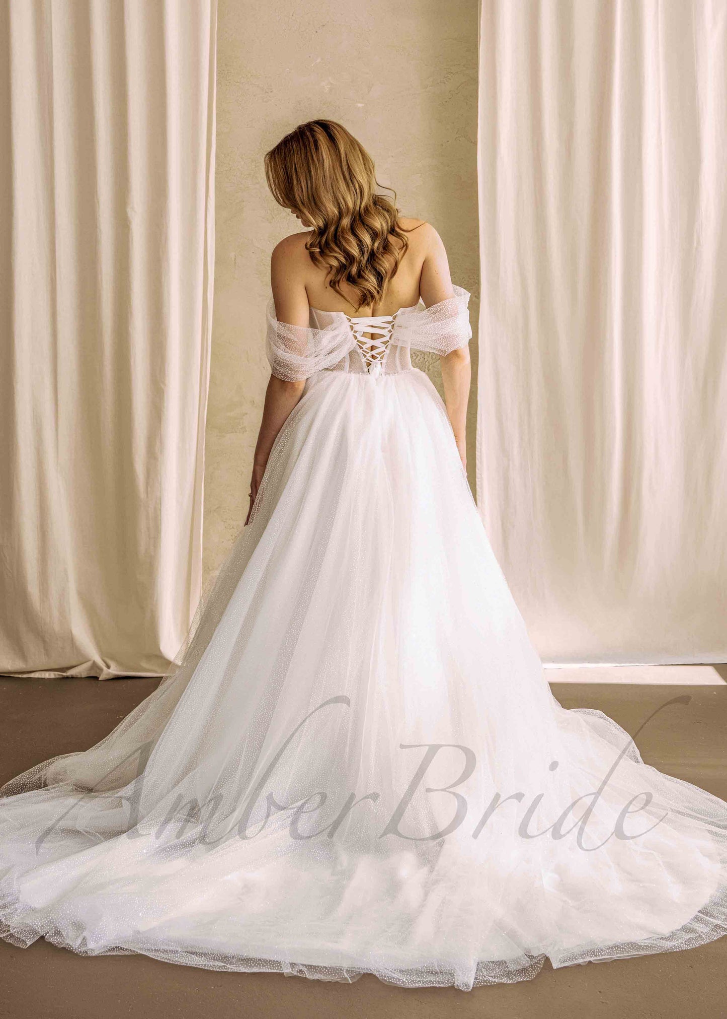Glittery A-Line Wedding Dress with Off-Shoulder Sweetheart Neckline and Artificial Pearls