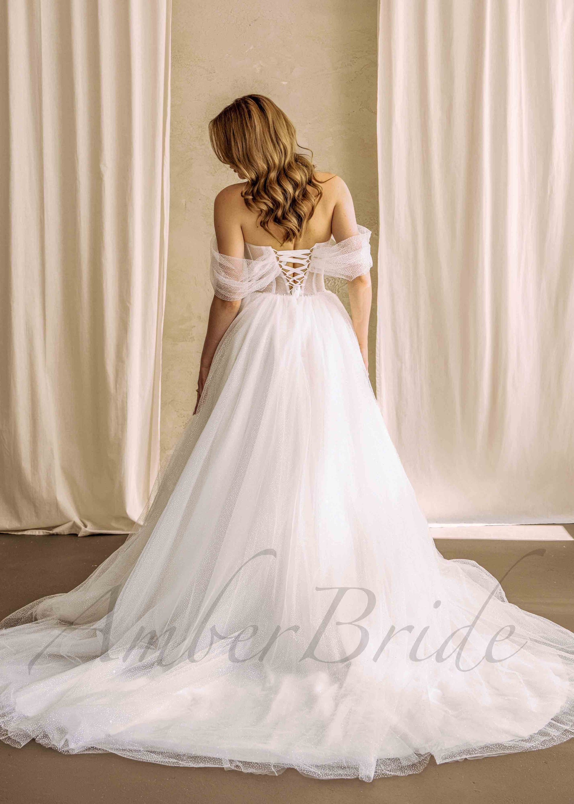 Glittery A-Line Wedding Dress with Off-Shoulder Sweetheart Neckline and Artificial Pearls