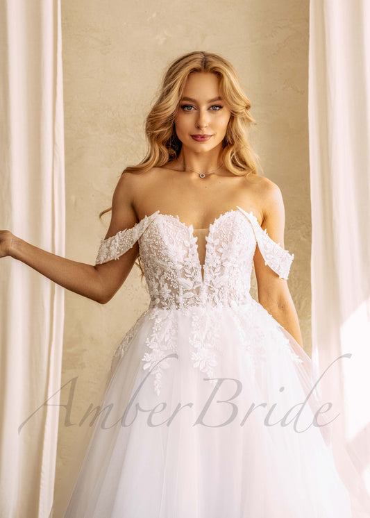 Floral A Line Off Shoulder Wedding Dress with Detachable Puffy Sleeve
