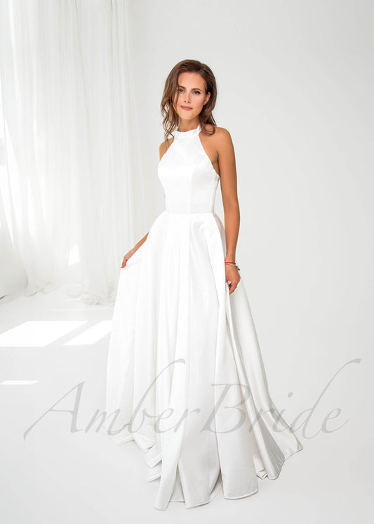 Minimalistic A Line Satin Wedding Dress with Halter Neckline and Open Back