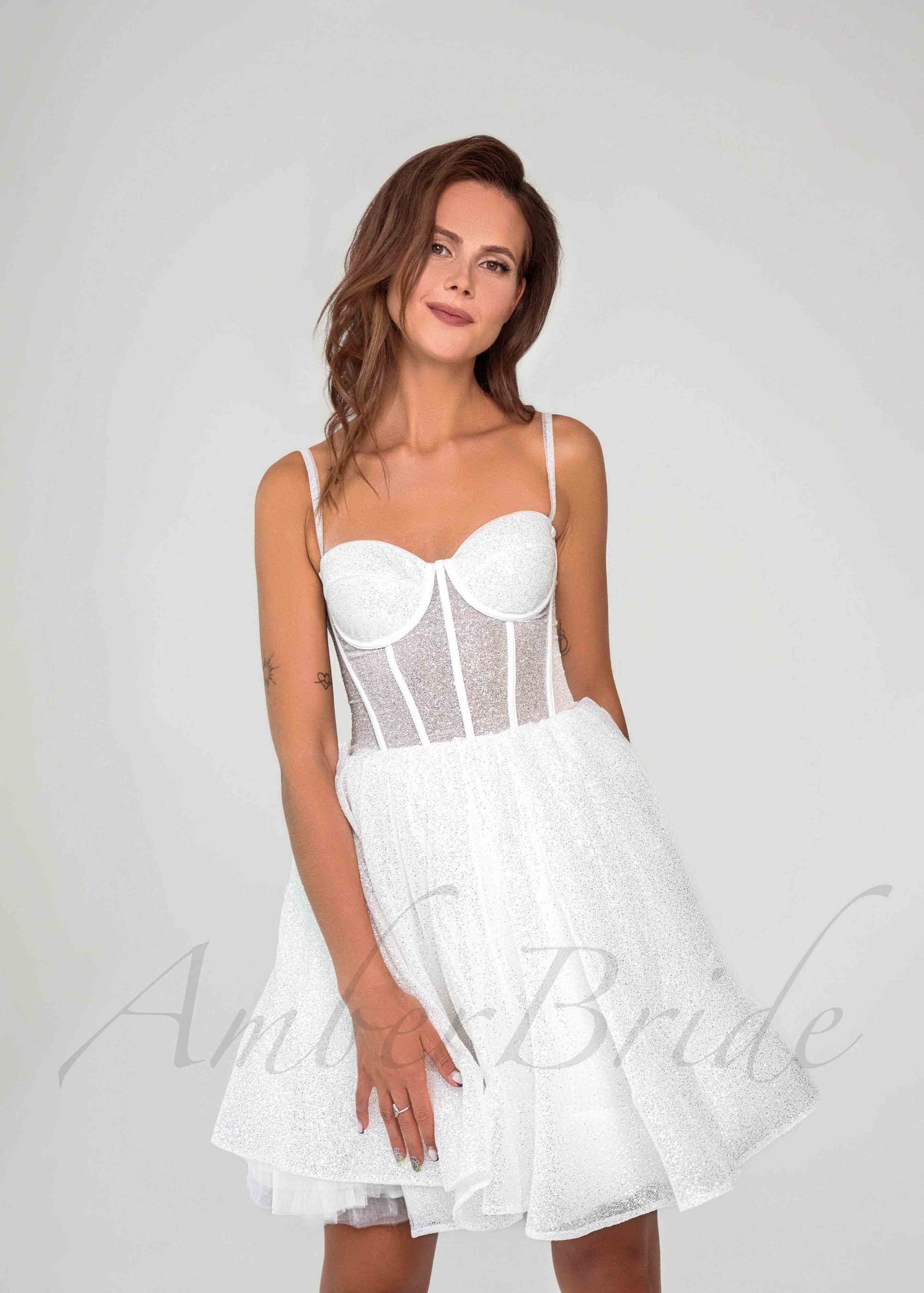 Short Glittery Tulle Knee Length Dress with Spaghetti Straps