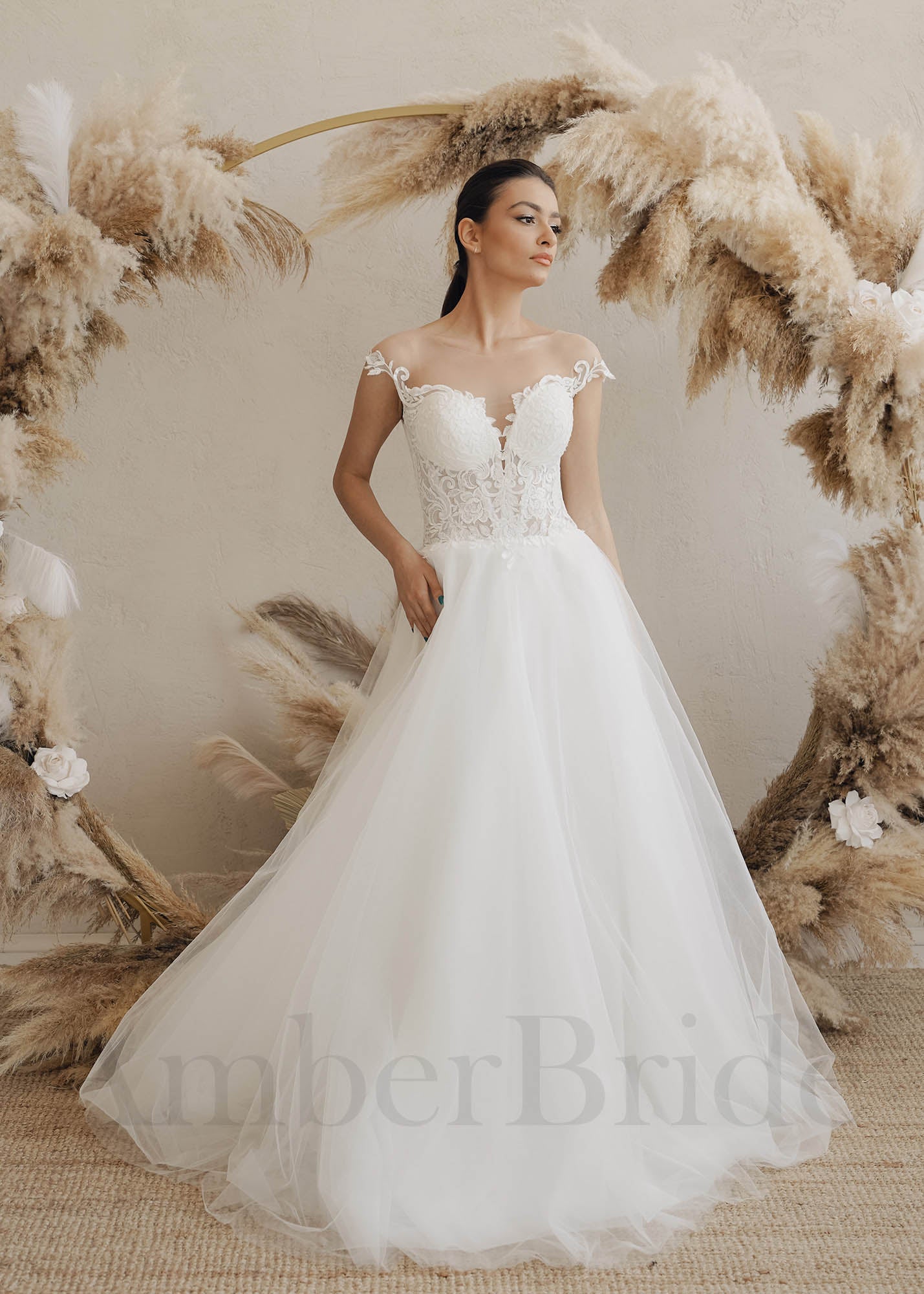 Boho A-Line Tulle Wedding Dress with Floral and Illusion Design AmberBride Boho A-Line Tulle Wedding Dress with Floral and Illusion Design AmberBride