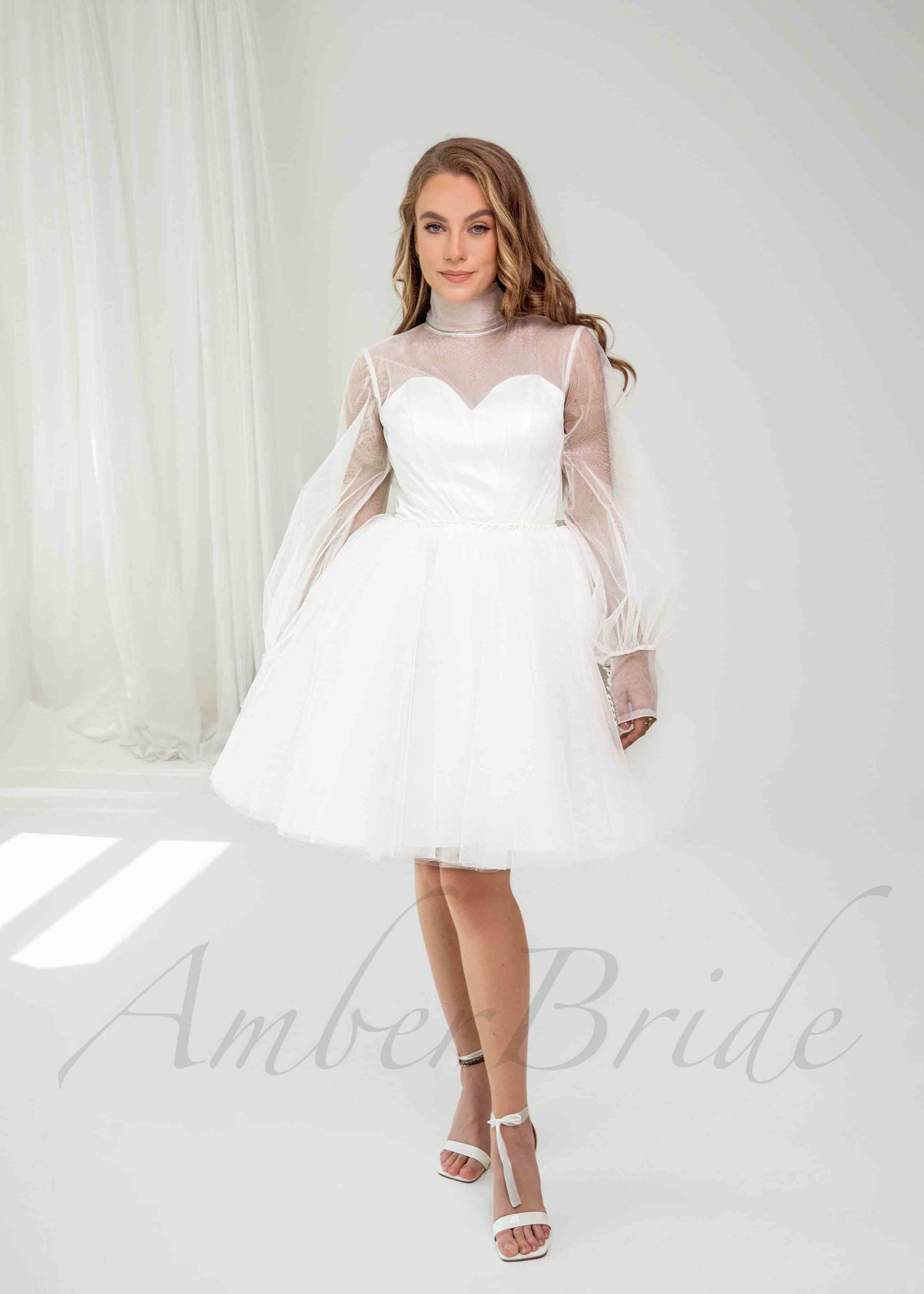 Elegant Knee Length Tulle Dress with Puffy Skirt and Long Sheer Sleeve