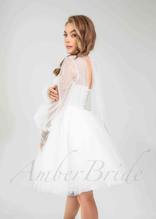 Elegant Knee Length Tulle Dress with Puffy Skirt and Long Sheer Sleeve