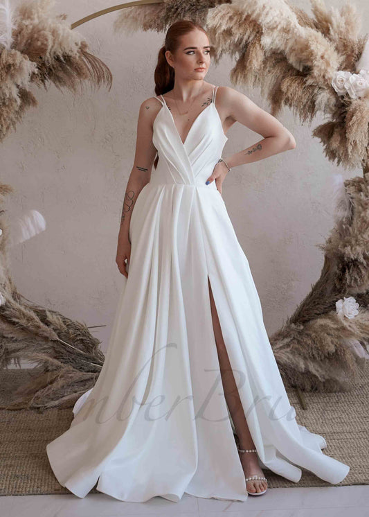 Simple A Line Satin Wedding Dress with Spaghetti Straps and V Neck