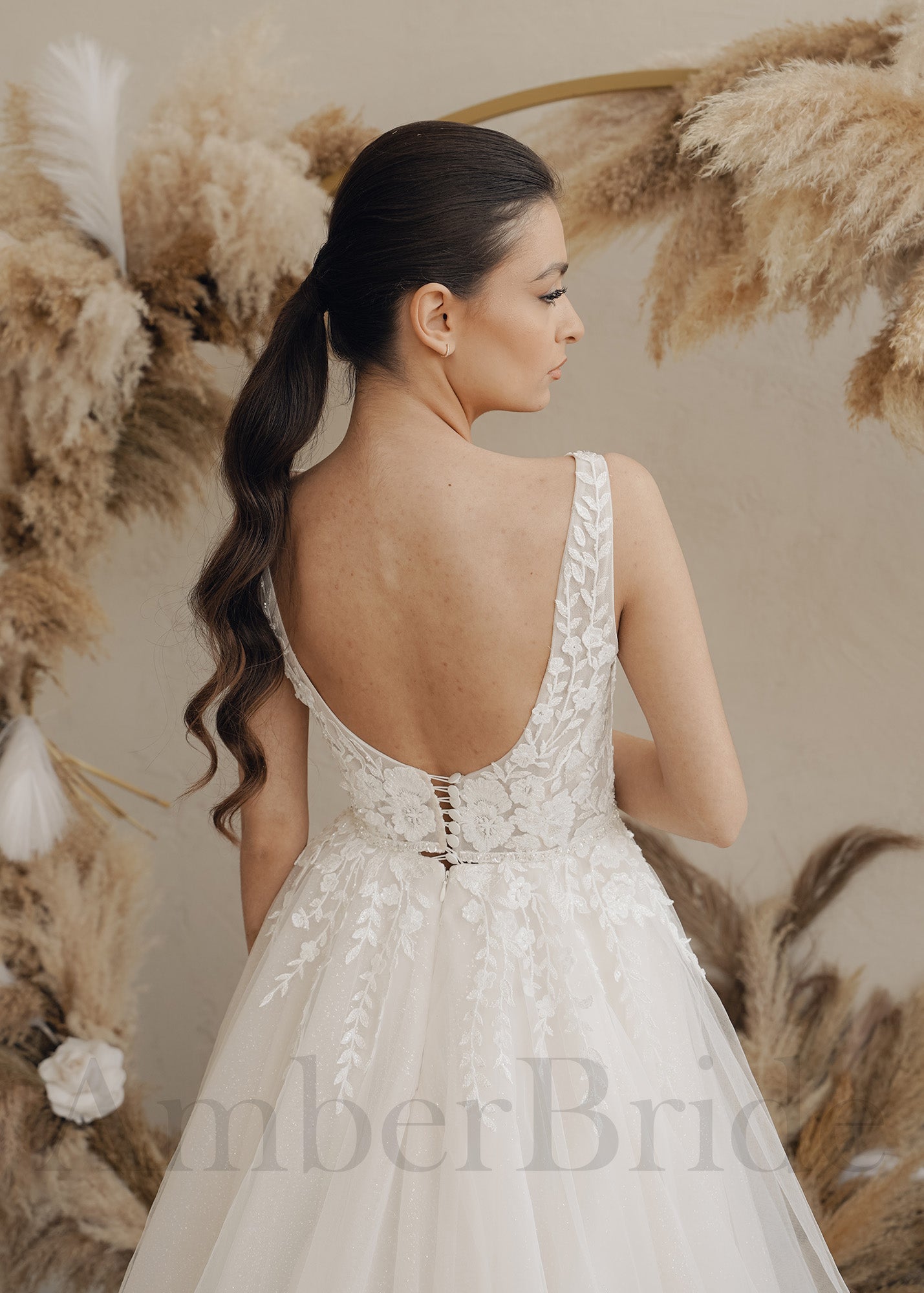 Rustic A-Line Wedding Dress with Glittery Tulle Skirt and Floral Details