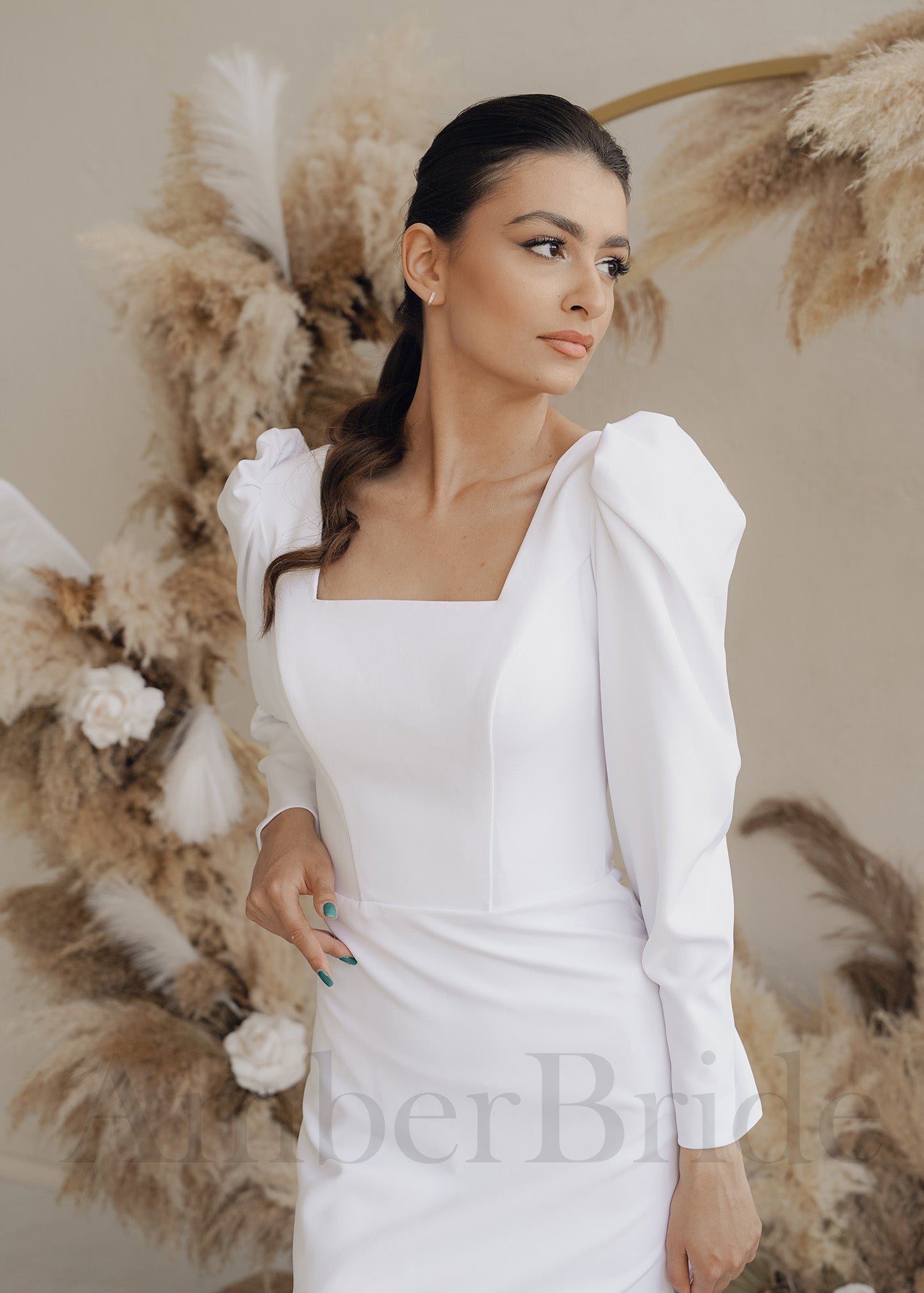 Simple Mermaid Satin Wedding Dress with Long Puffy Sleeve