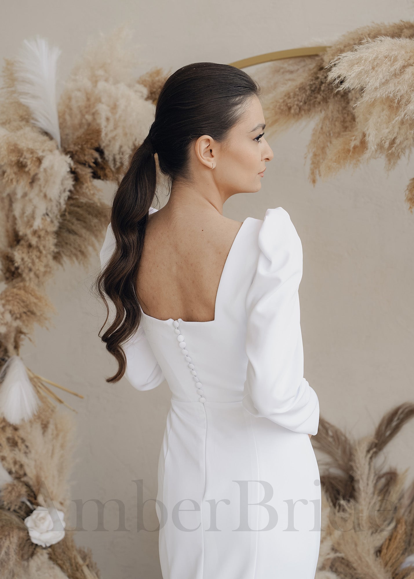 Simple Mermaid Satin Wedding Dress with Long Puffy Sleeve