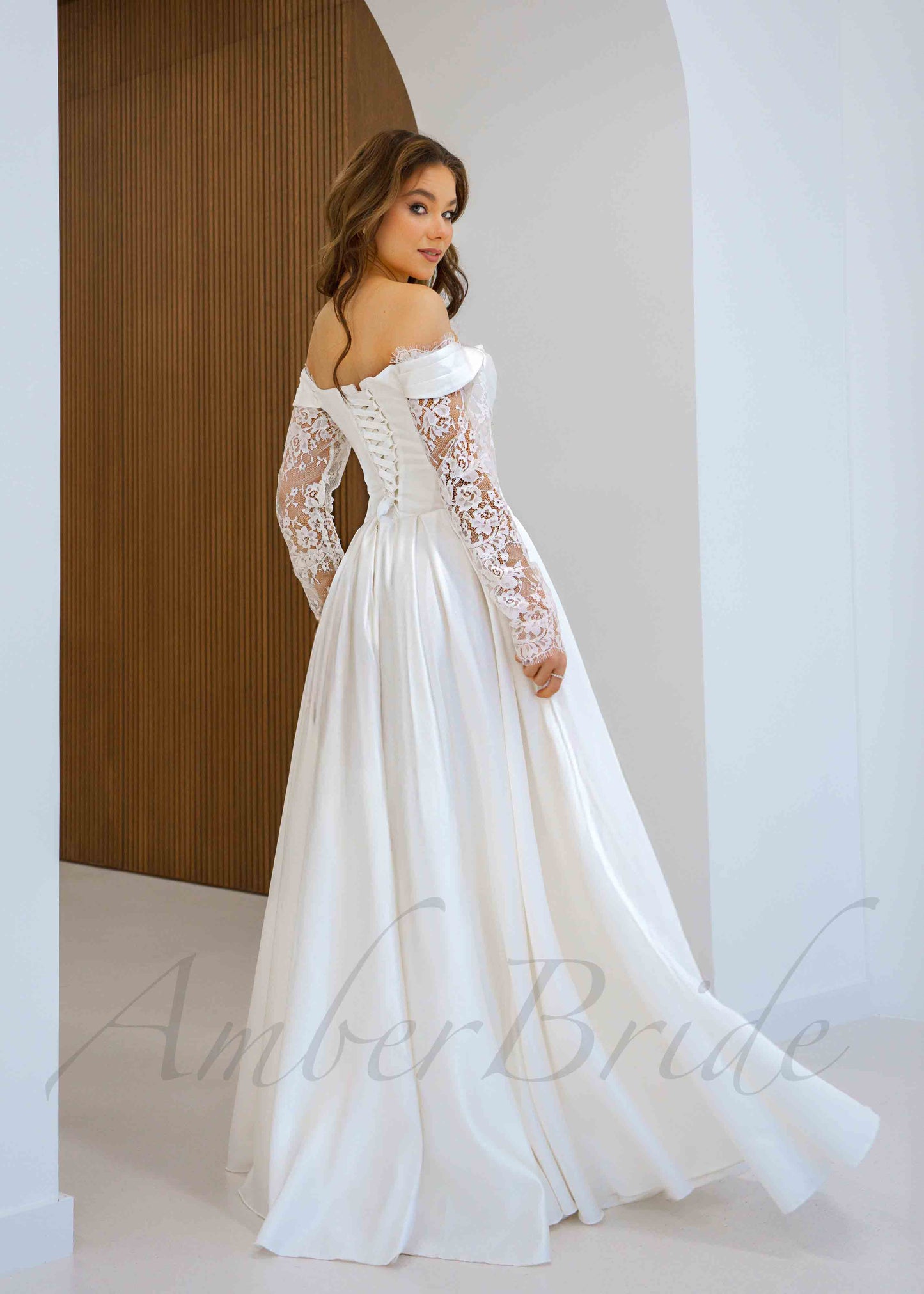 Whimsical A Line Satin Wedding Dress with Long Lace Sleeve