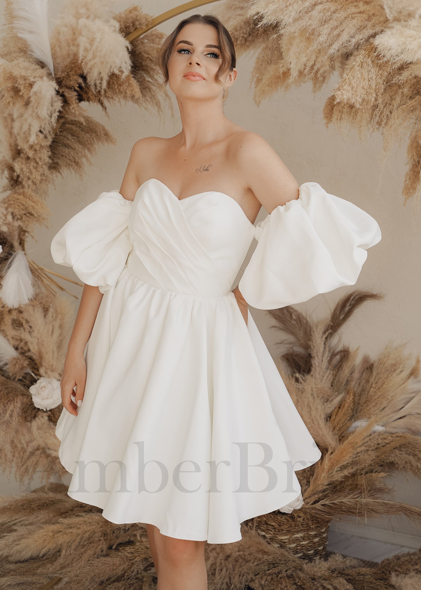 Classy Knee Length Satin Dress with Off Shoulder Puffed Sleeves and Corset