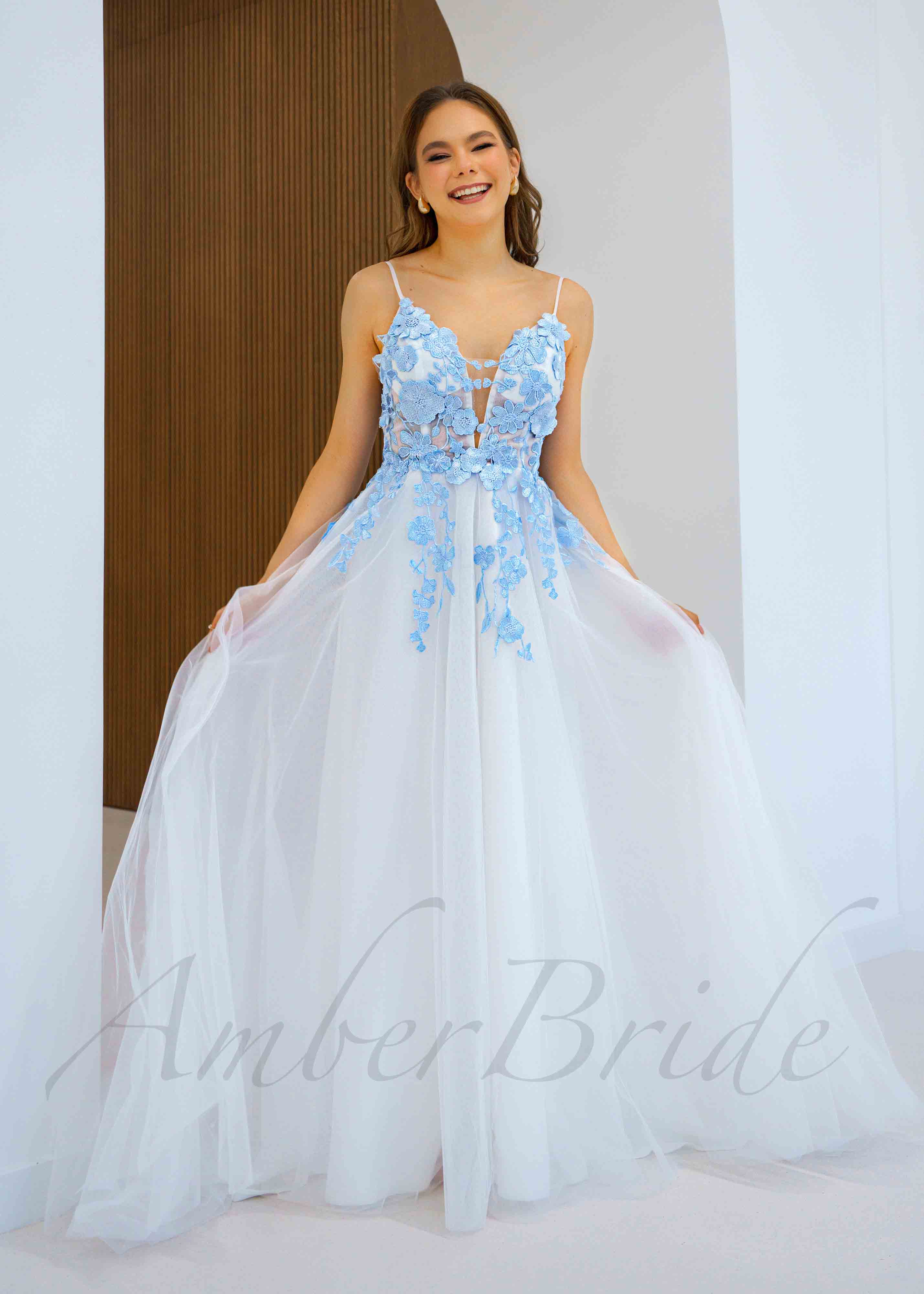 Sky Blue Floral Tulle Wedding Dress with Spaghetti Straps and Open Bac