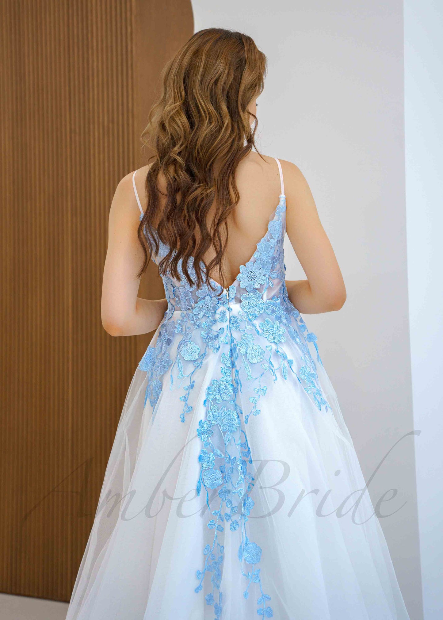 Sky Blue Floral Tulle Wedding Dress with Spaghetti Straps and Open Back