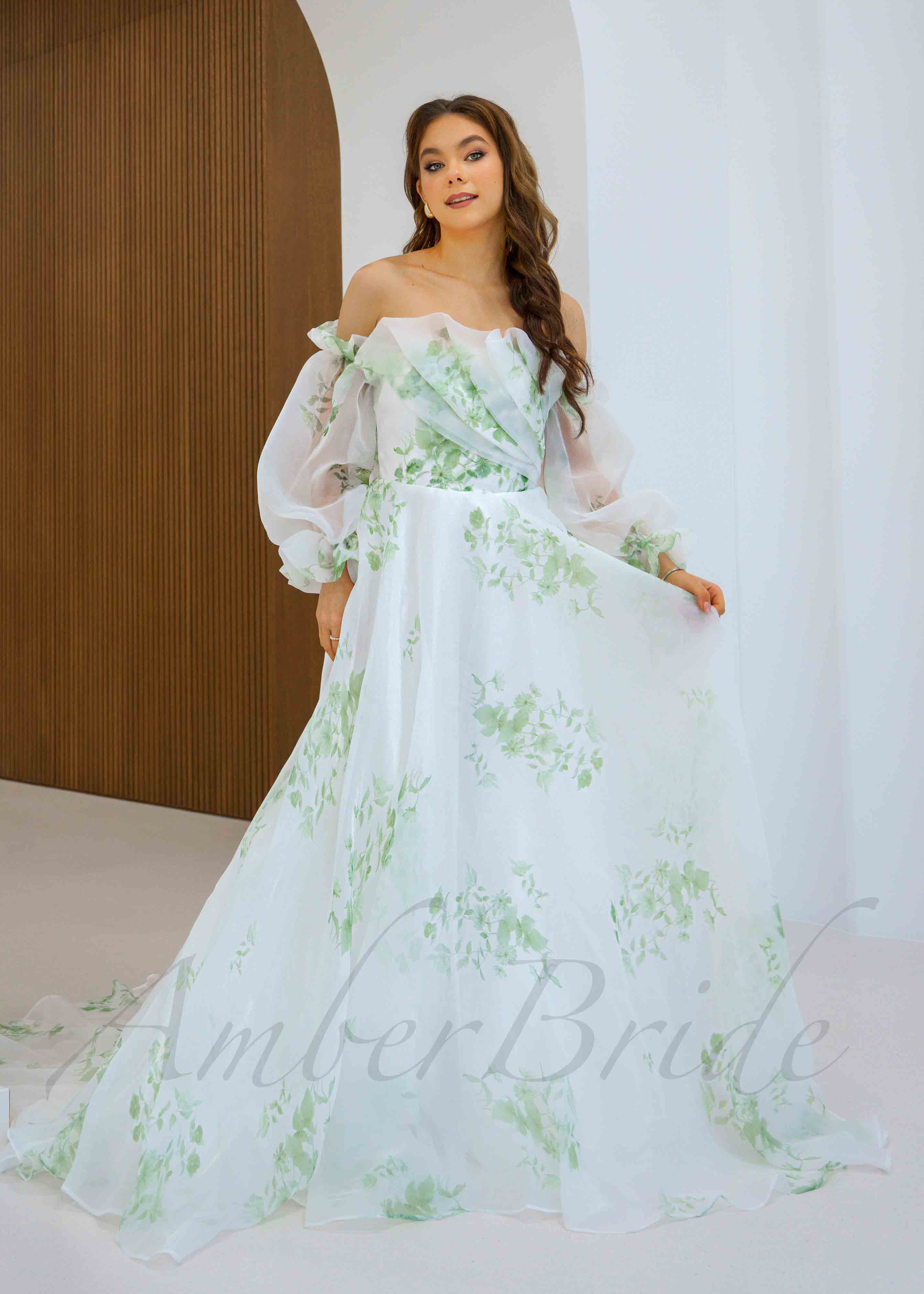 Floral Organza Long Sleeve Wedding Dress with Green Print | AmberBride Floral Organza Long Sleeve Wedding Dress with Green Print | AmberBride