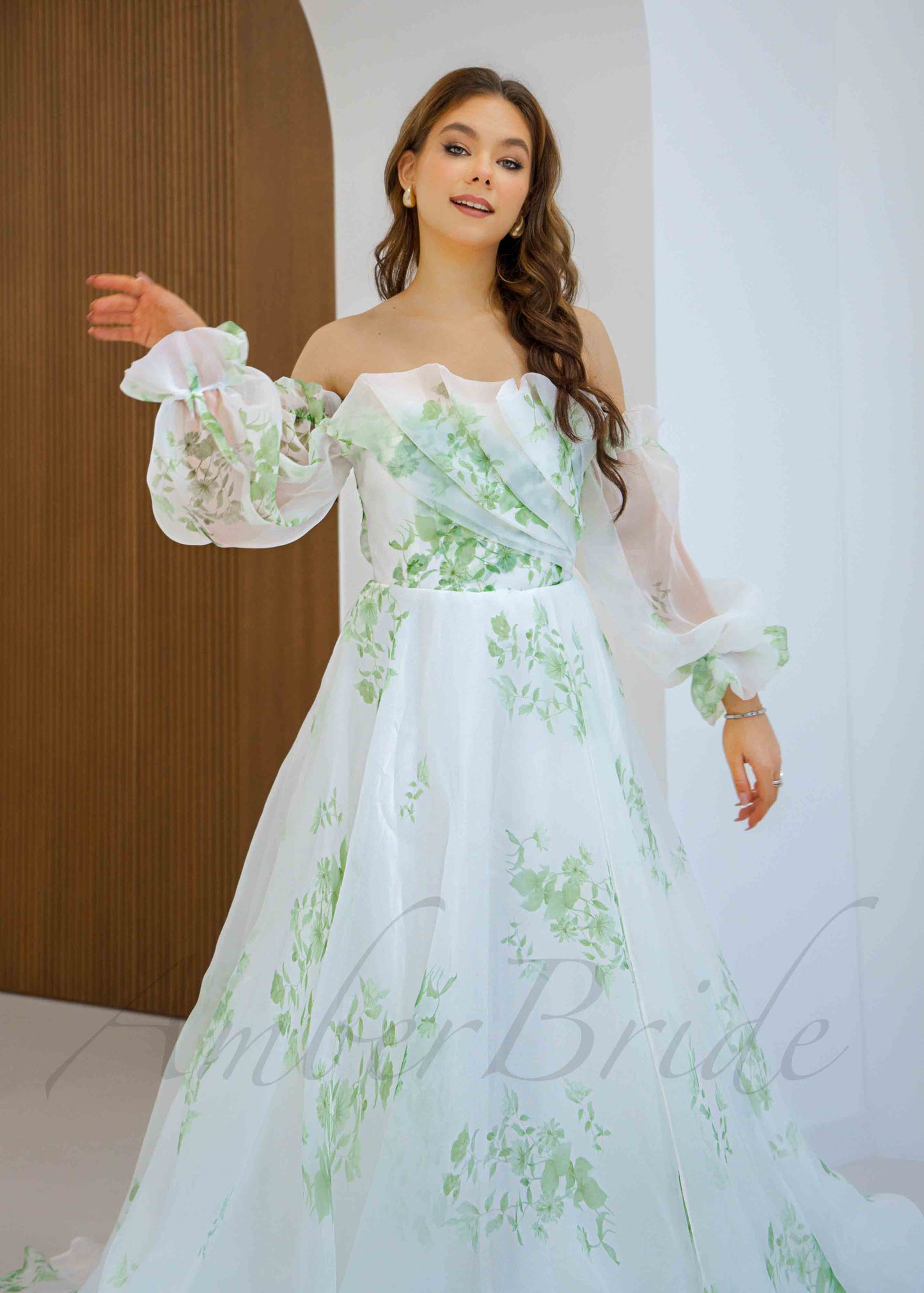 Floral Organza Wedding Dress with Long Sleeve and Green Flower Print