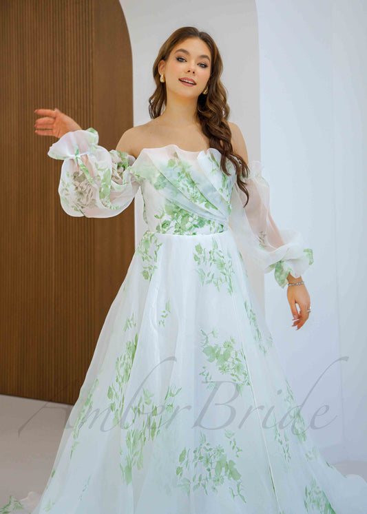 Floral Organza Wedding Dress with Long Sleeve and Green Flower Print