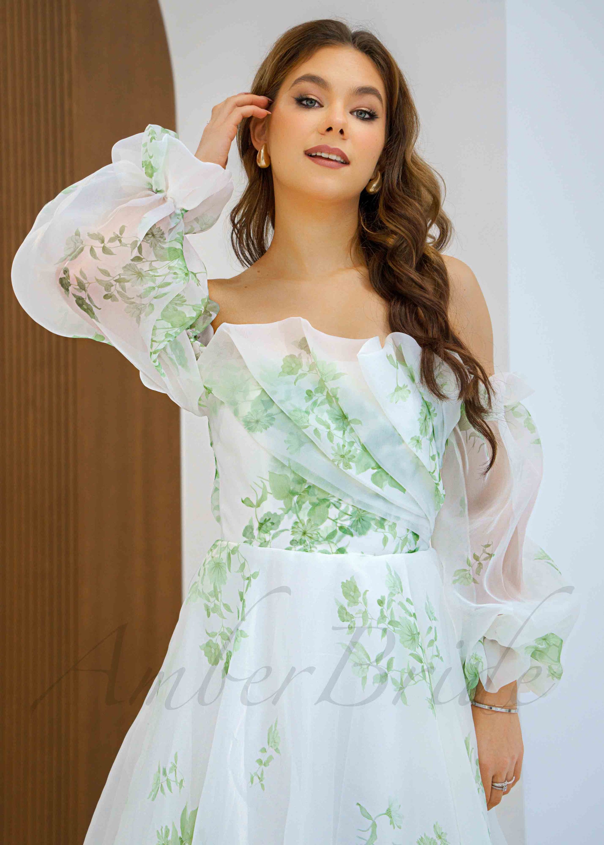 Floral Organza Wedding Dress with Long Sleeve and Green Flower Print