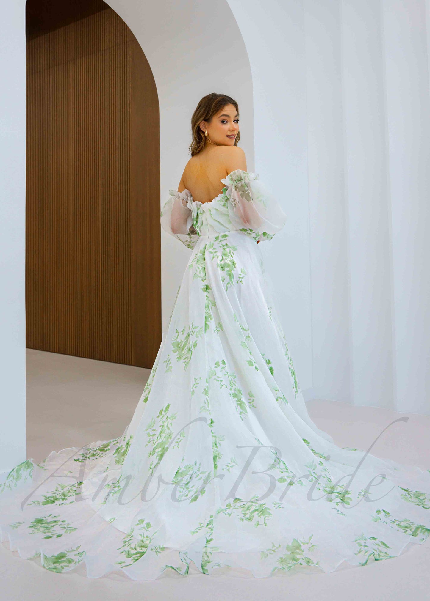 Floral Organza Wedding Dress with Long Sleeve and Green Flower Print