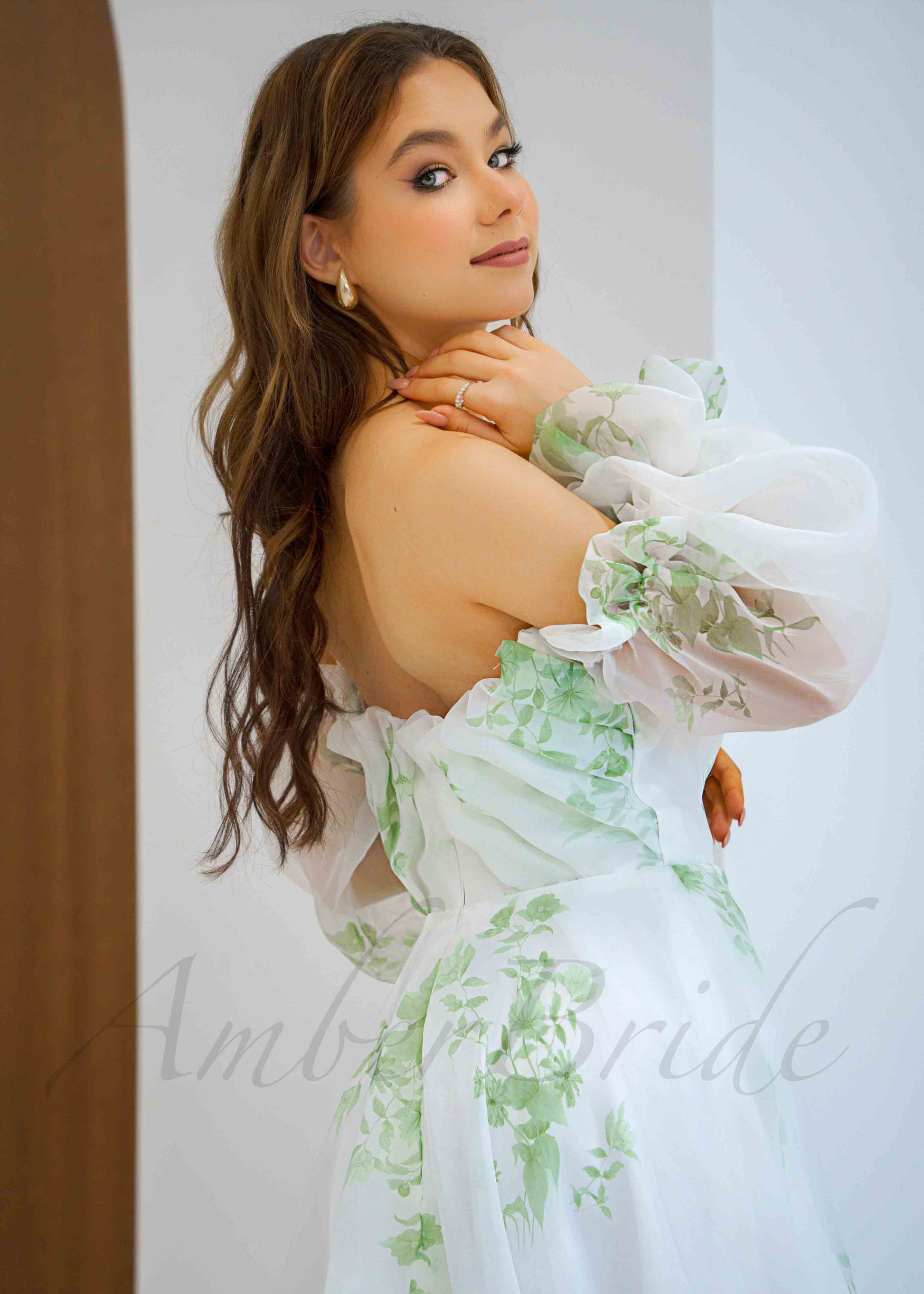 Floral Organza Wedding Dress with Long Sleeve and Green Flower Print