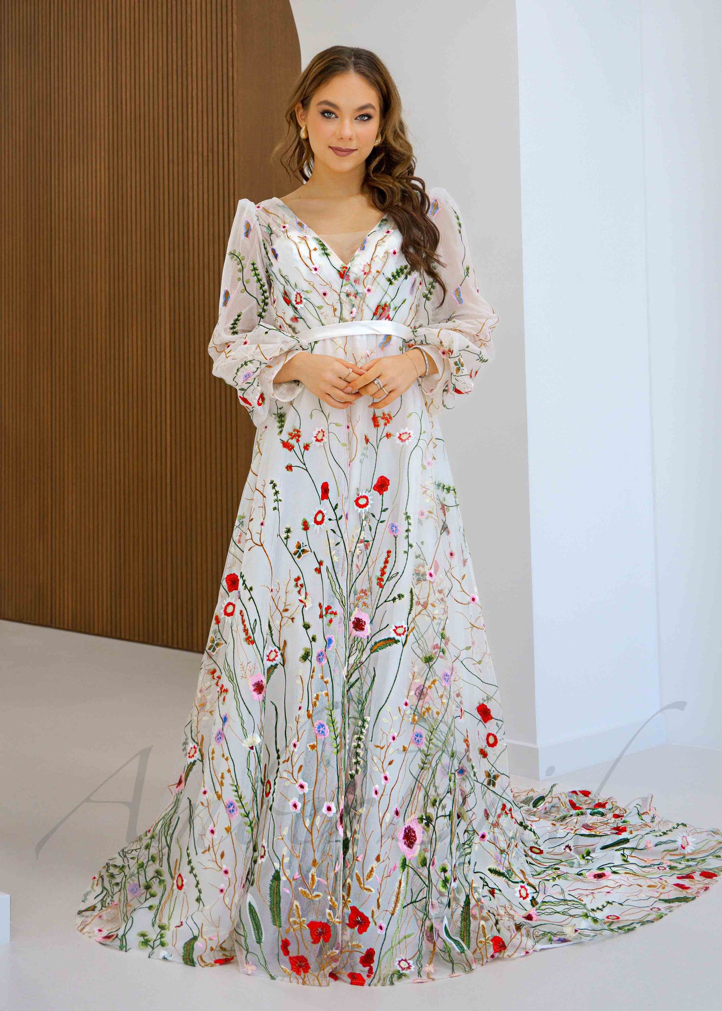 Colorful Floral Organza Wedding Dress with Long Puffy Sleeve