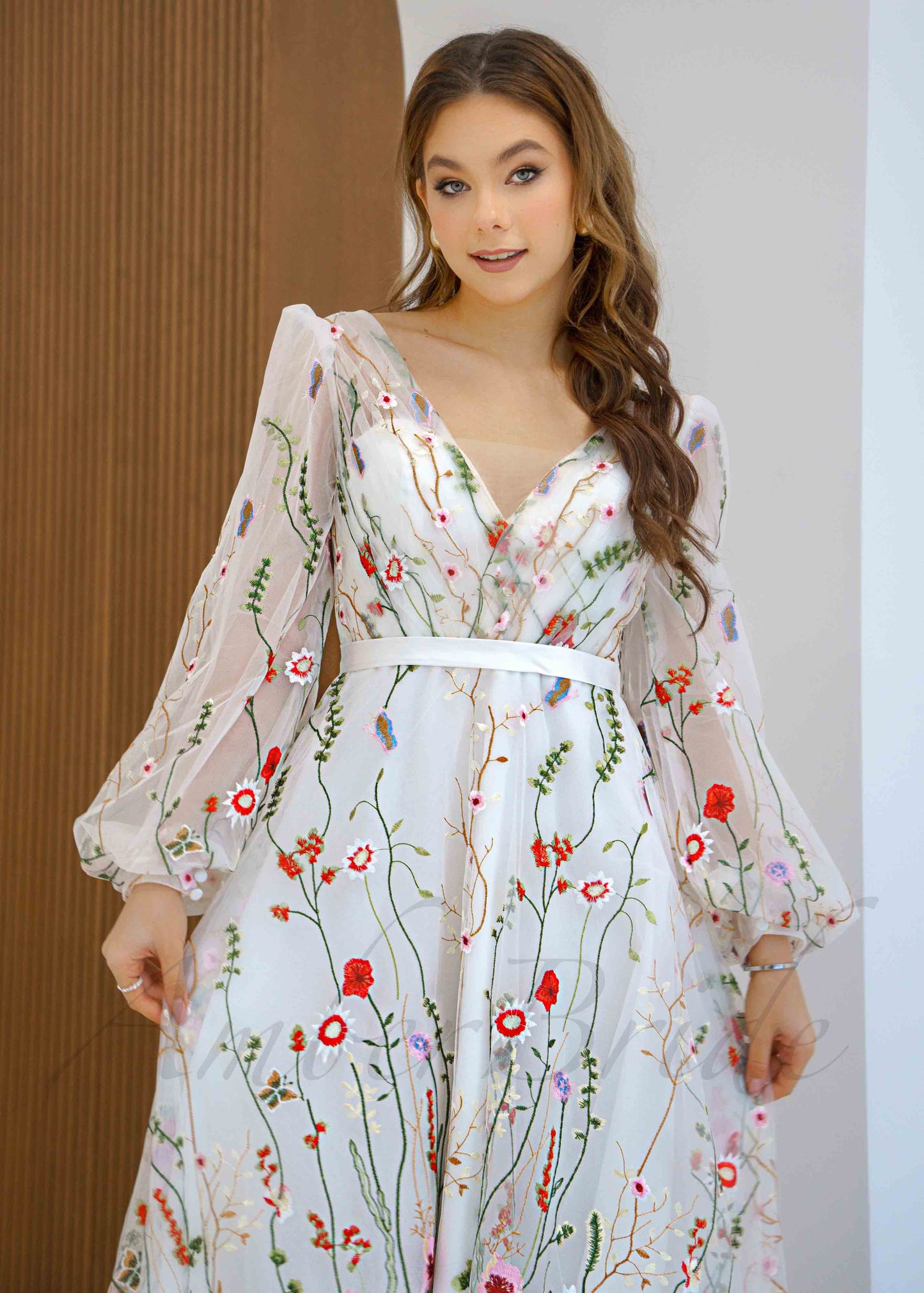 Colorful Floral Organza Wedding Dress with Long Puffy Sleeve