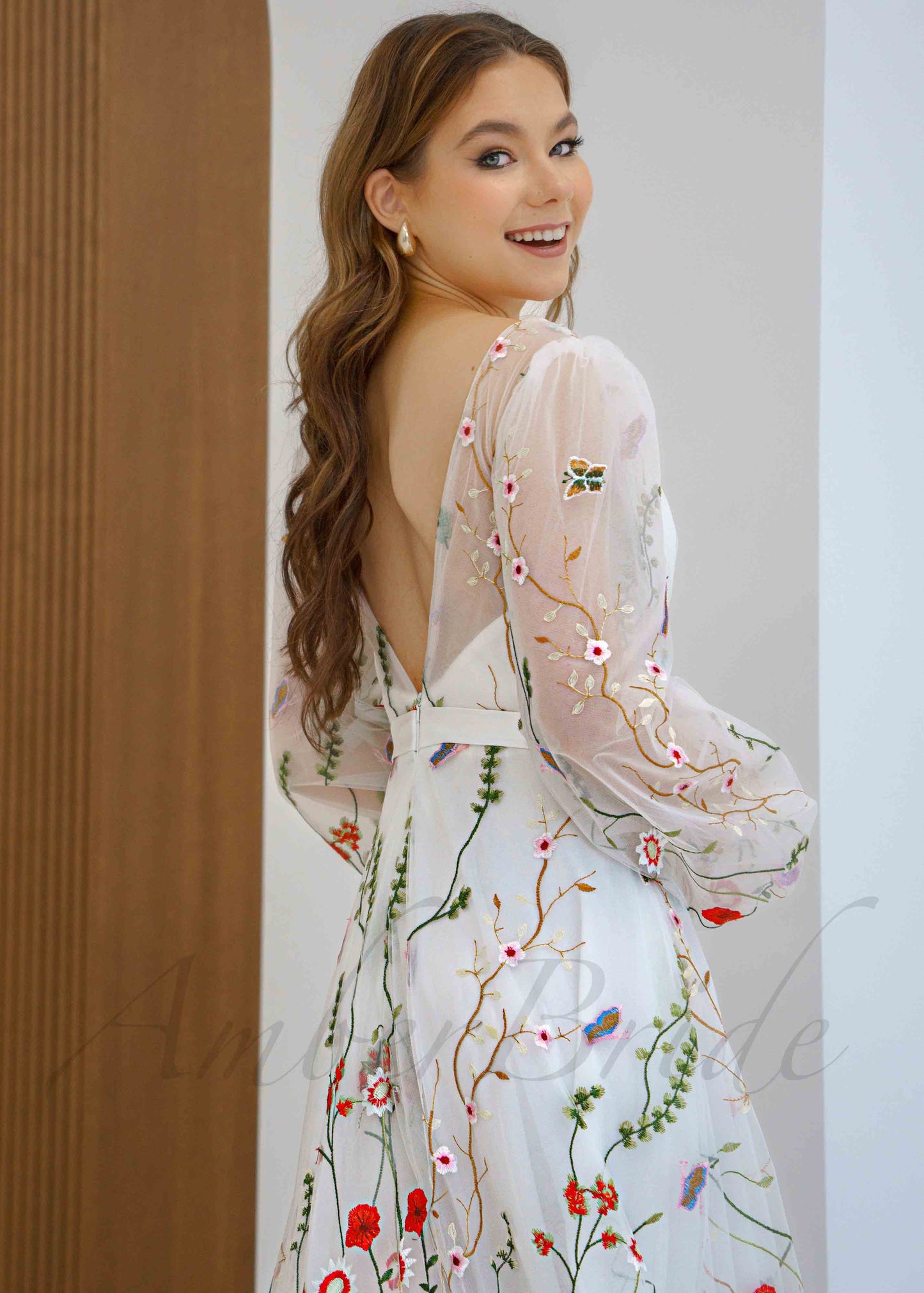 Colorful Floral Organza Wedding Dress with Long Puffy Sleeve