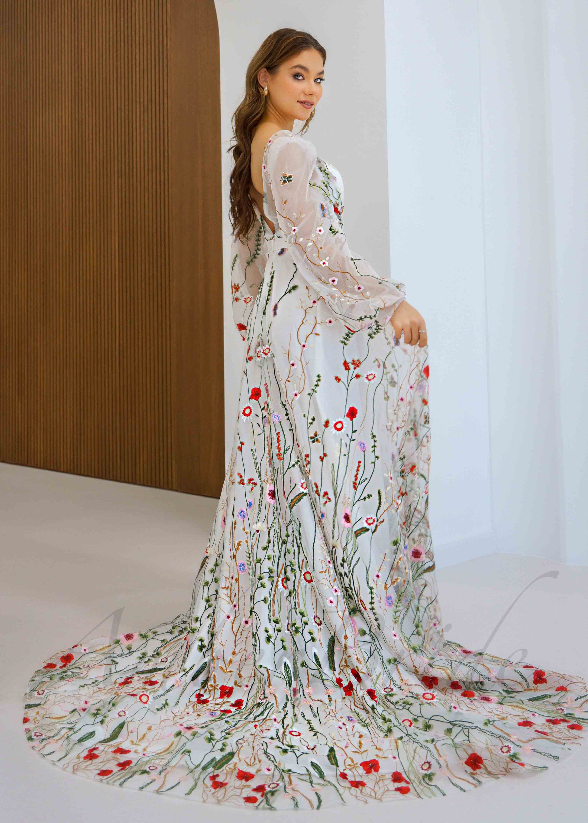 Colorful Floral Organza Wedding Dress with Long Puffy Sleeve