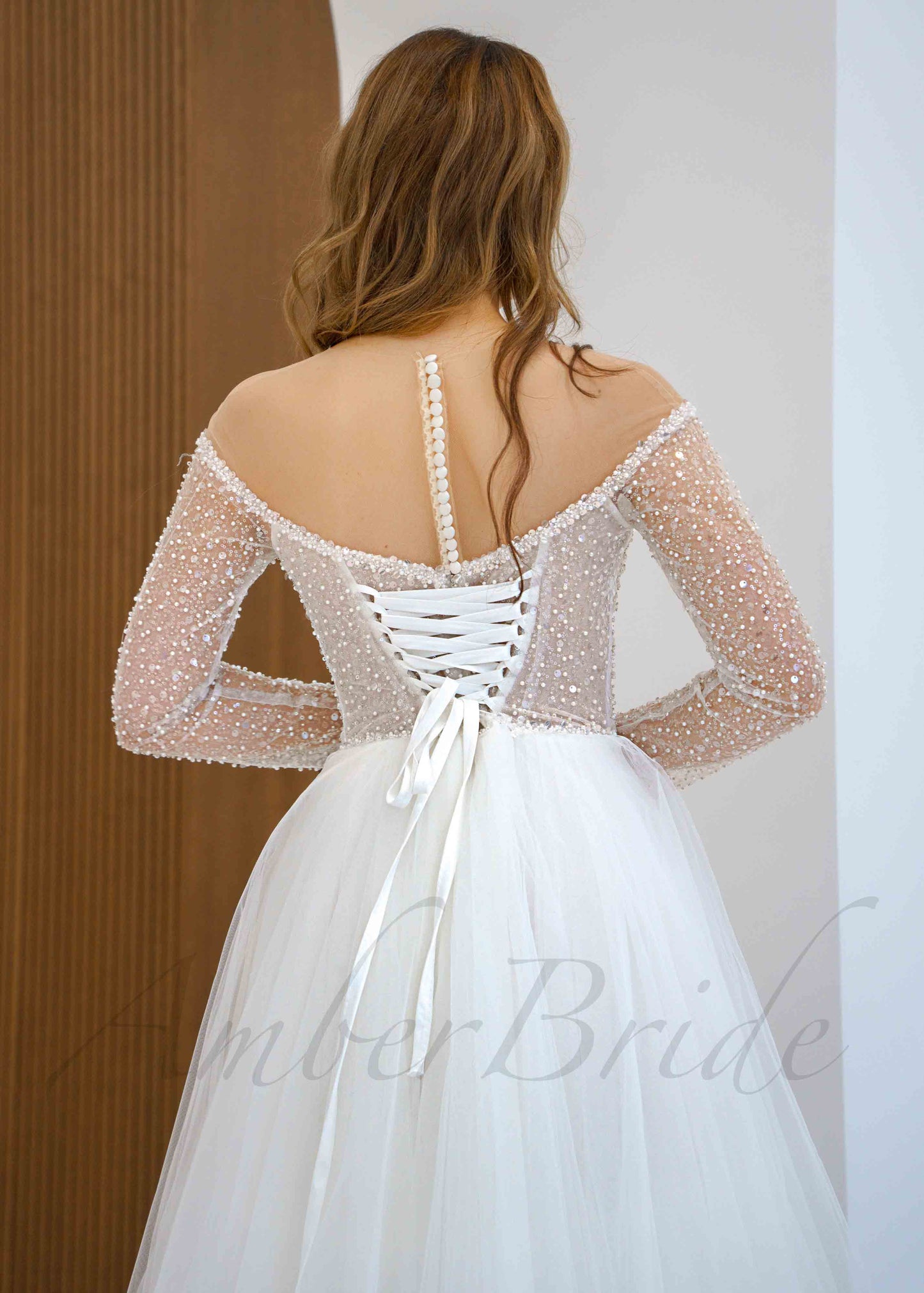 Princess Sparkling Tulle Wedding Dress with Long Sheer Sleeve