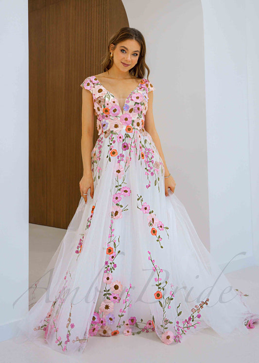 Pink Floral A Line Tulle Wedding Dress with Backless Design