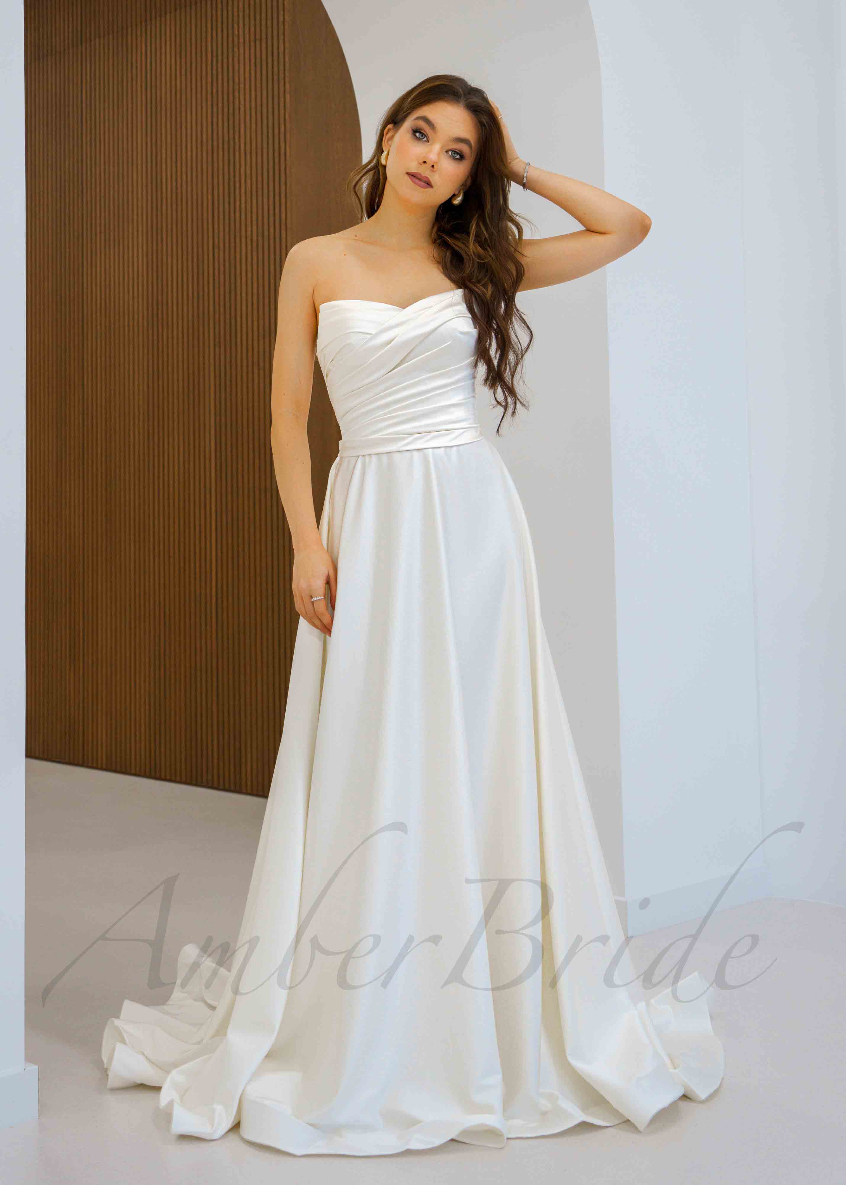 Elegant A Line Strapless Satin Back With Bow Long Wedding Dresses C4262 main image 0