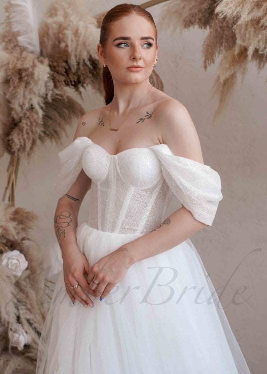 Exclusive A Line Tulle Wedding Dress with Glittery and Off Shoulder Design