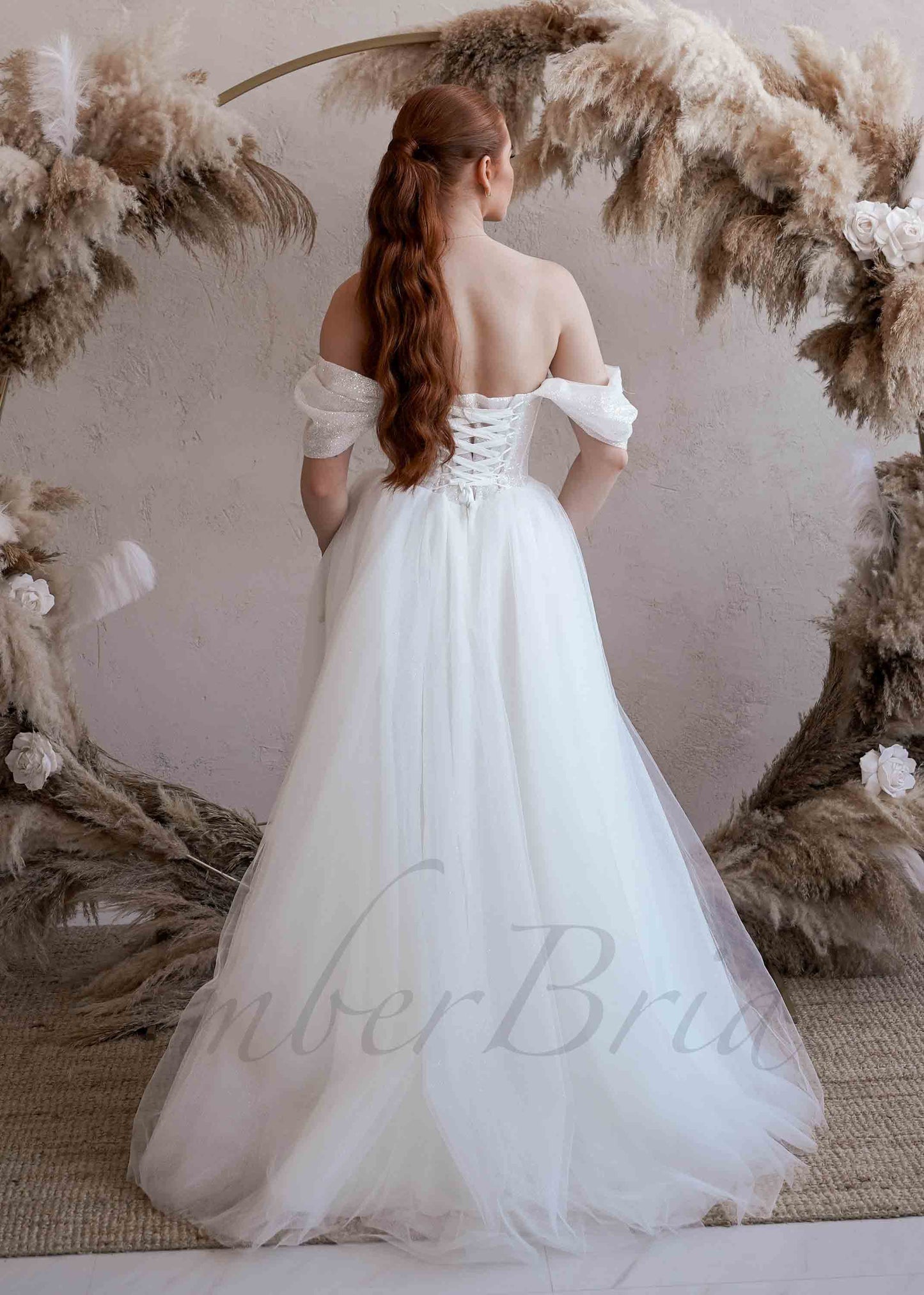 Exclusive A Line Tulle Wedding Dress with Glittery and Off Shoulder Design
