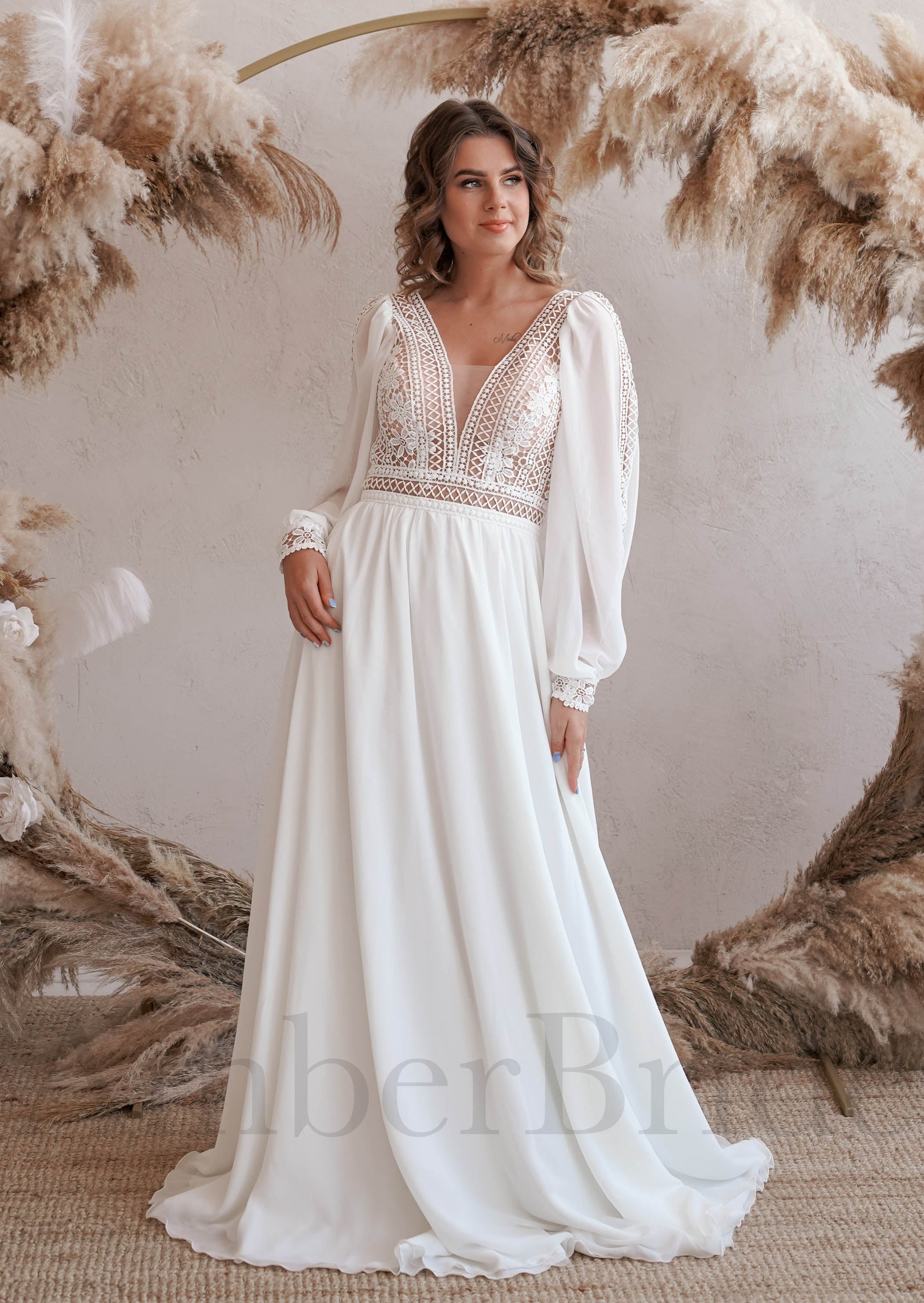 Boho A Line Lace and Chiffon Wedding Dress with Bishop Sleeve