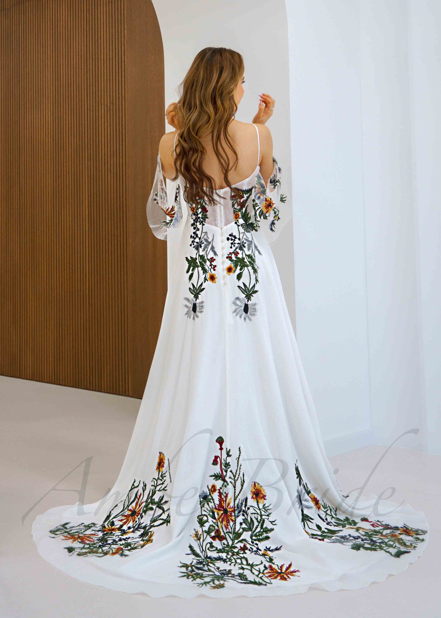 Forest Floral Chiffon Wedding Dress with Off Shoulder Embroidered Bodice