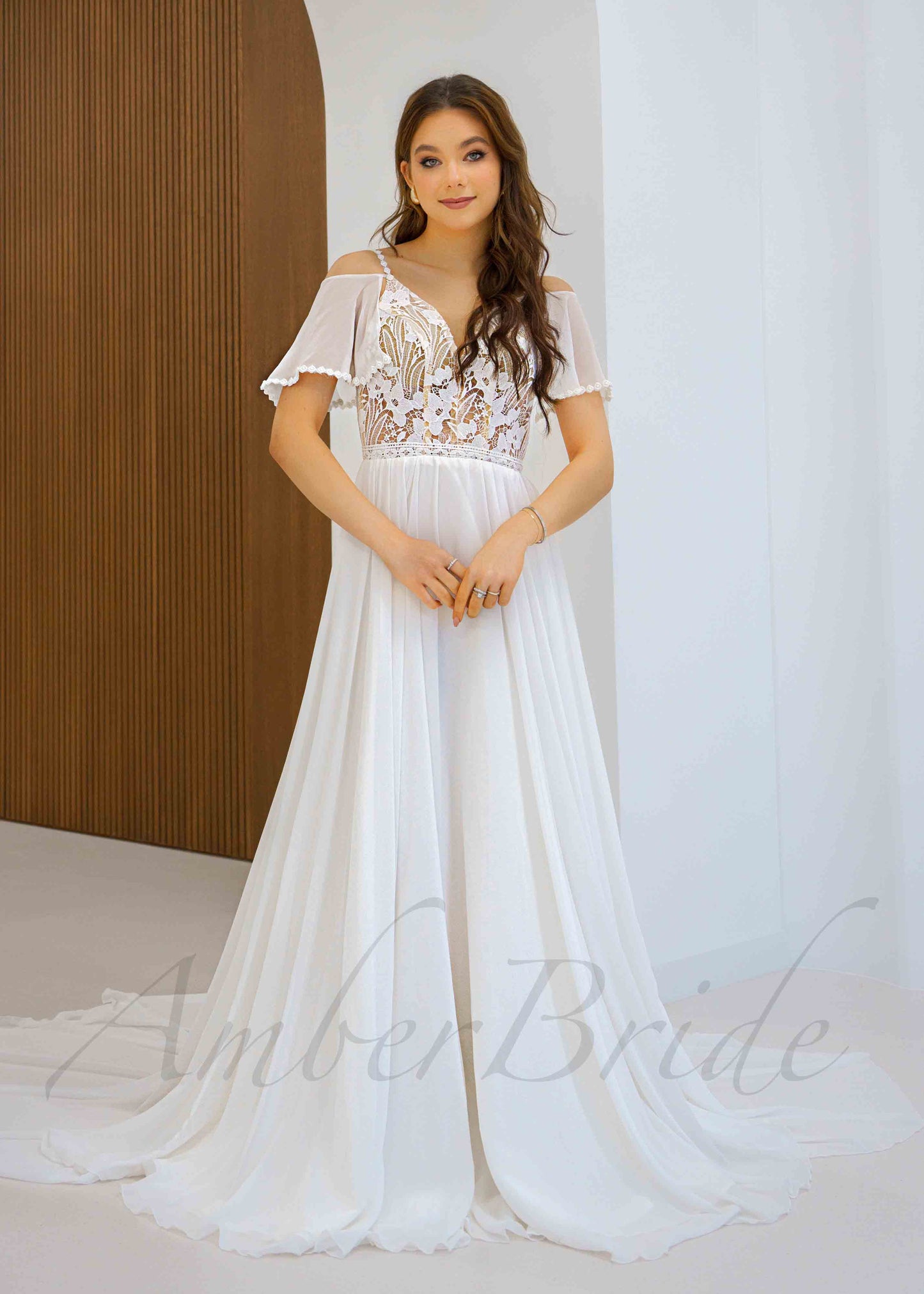 Boho Chiffon Wedding Dress with Flutter Sleeve and Floral Lace Bodice