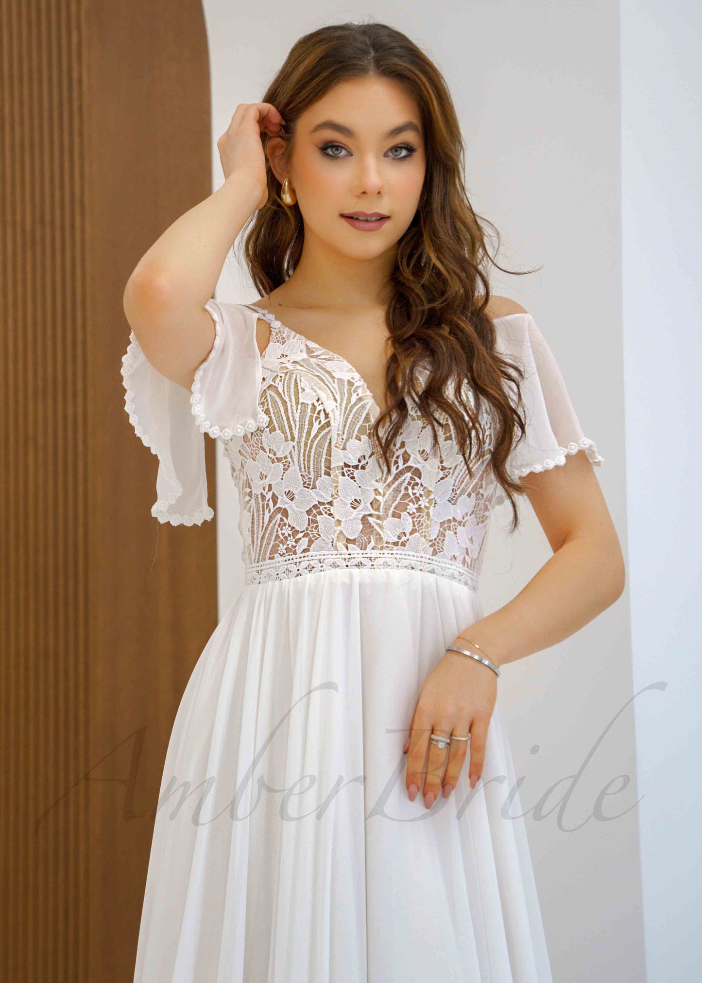 STOCK SELL-OUT: Boho Chiffon Wedding Dress with Flutter Sleeve and Floral Lace Bodice