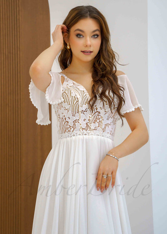 STOCK SELL-OUT: Boho Chiffon Wedding Dress with Flutter Sleeve and Floral Lace Bodice