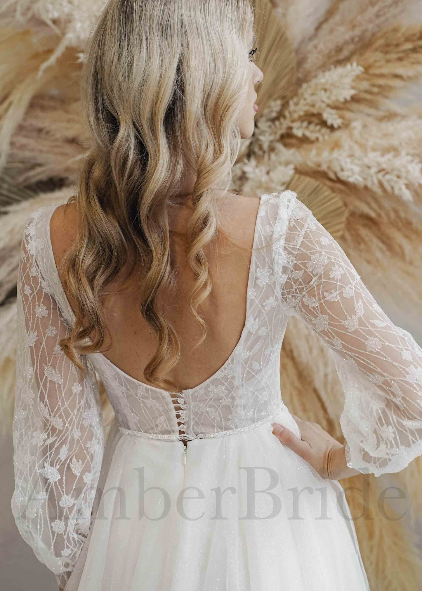 Rustic Floral Design Tulle Wedding Dress with Long Puffy Sleeves