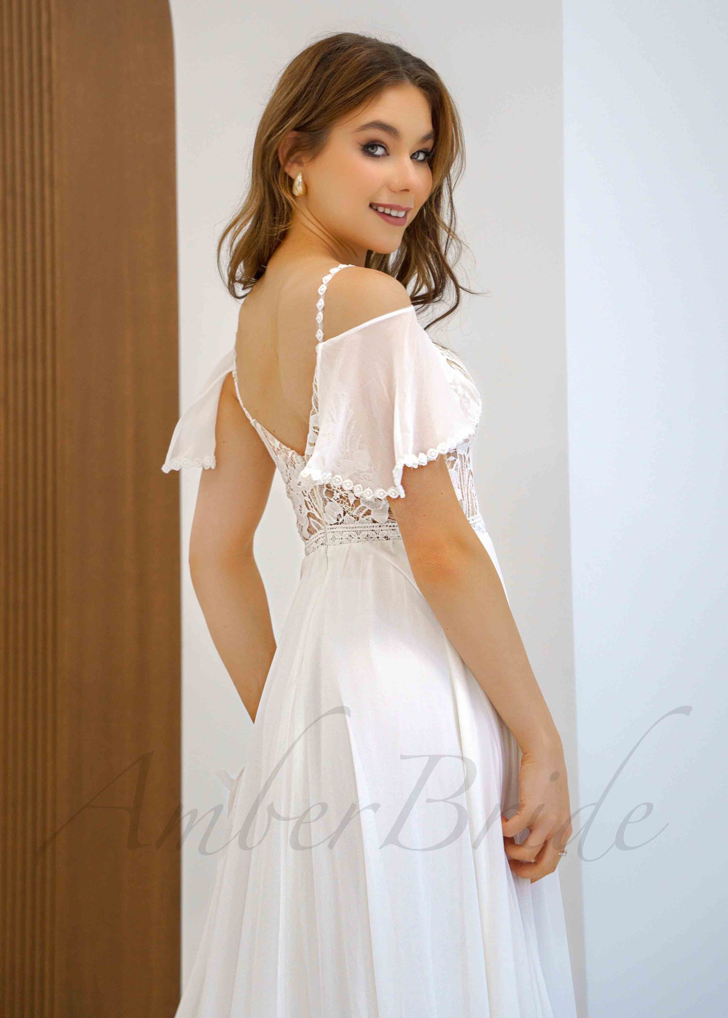 Boho Chiffon Wedding Dress with Flutter Sleeve and Floral Lace Bodice