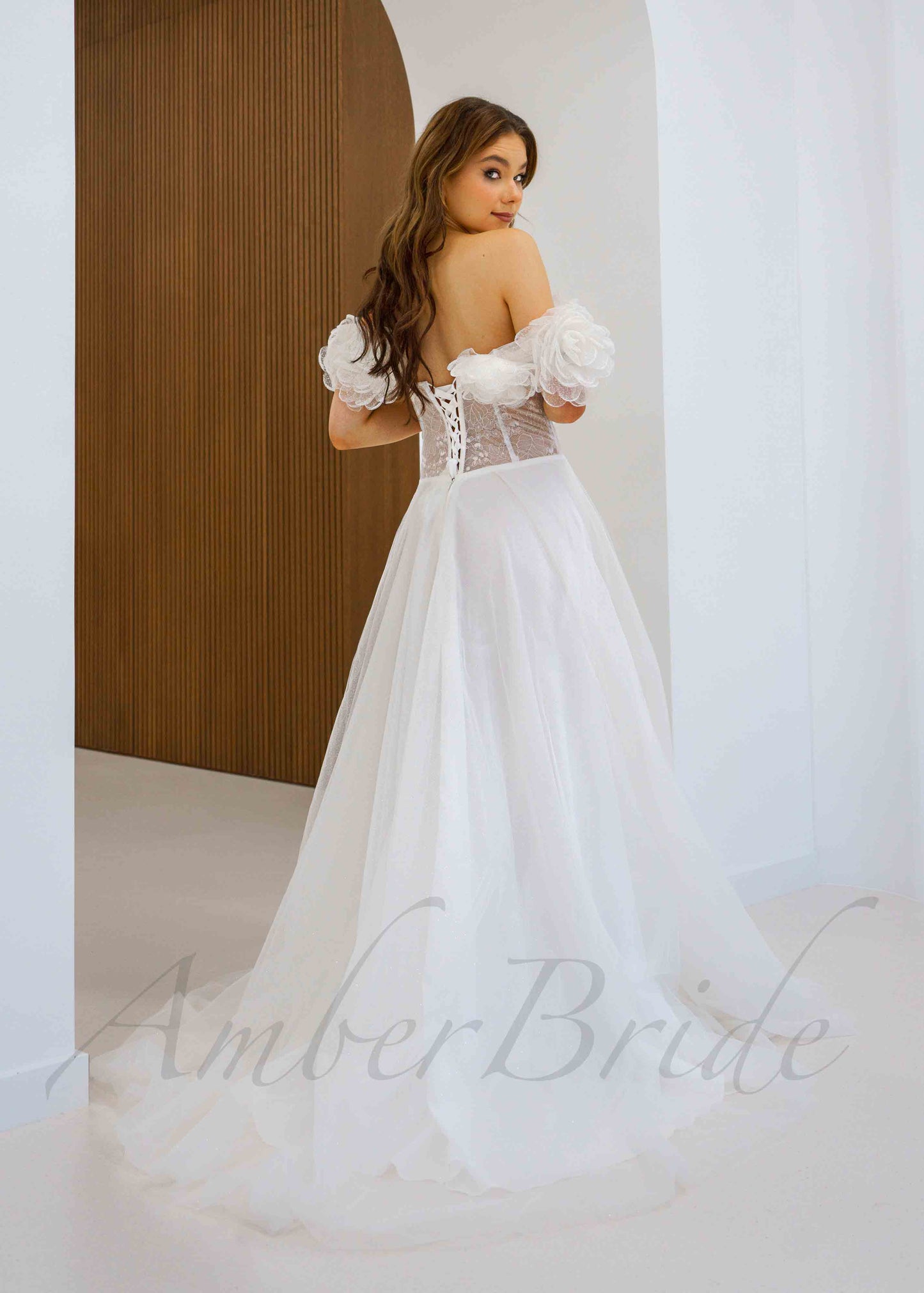 Exclusive A Line Tulle Wedding Dress with Off Shoulder Floral Bodice
