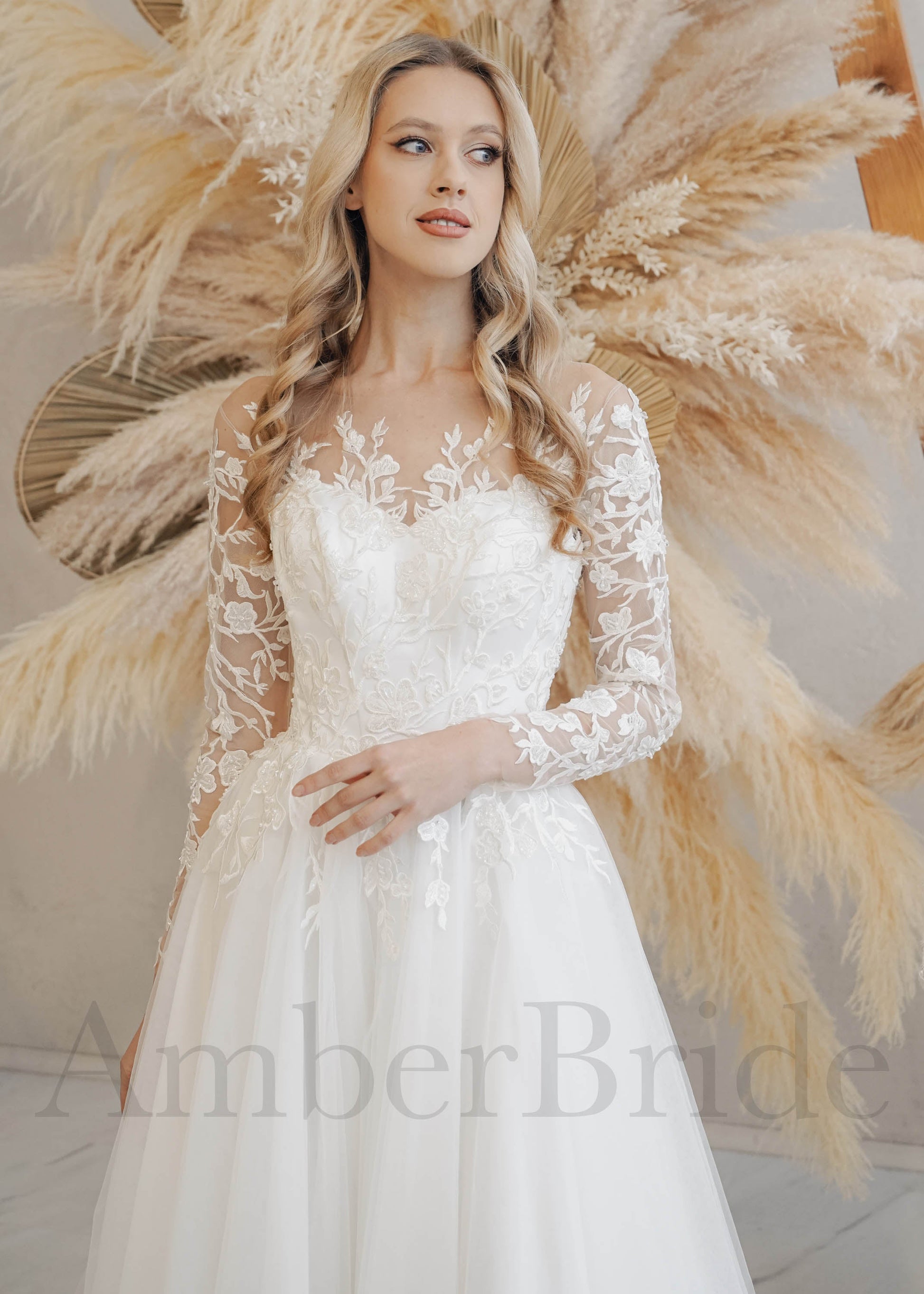 Rustic A-Line Wedding Dress with Floral Appliques and Illusion Design