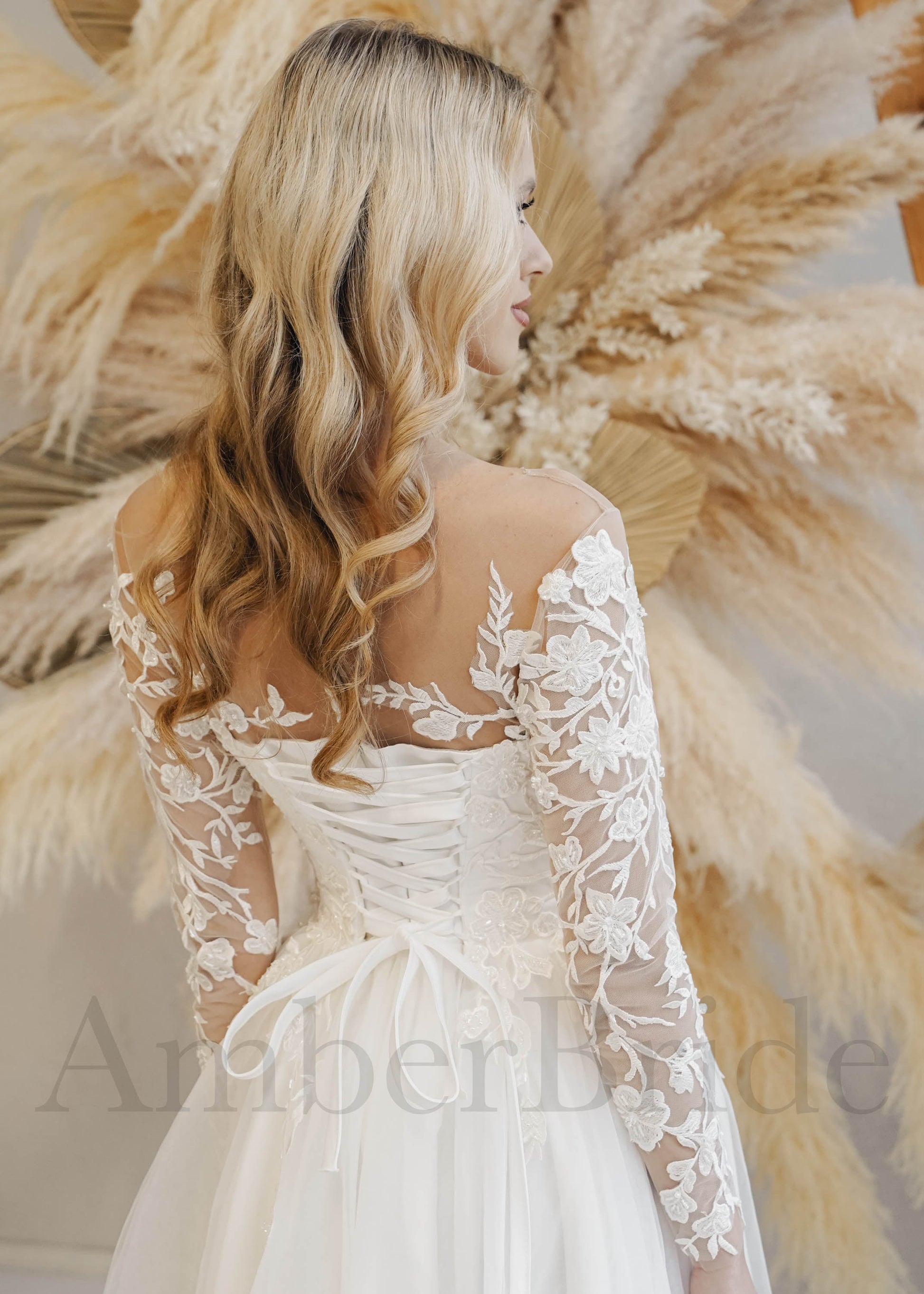 Rustic A-Line Wedding Dress with Floral Appliques and Illusion Design