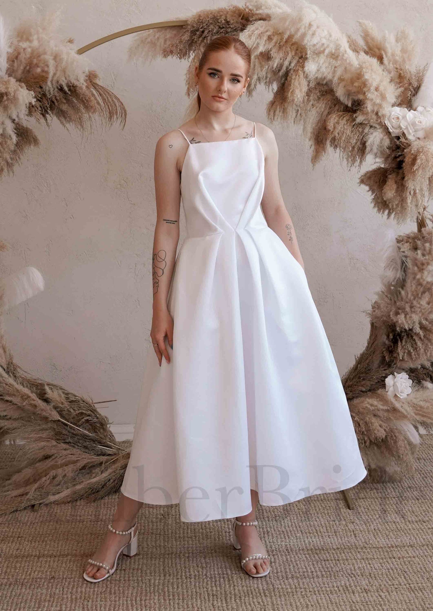 Unique Tea Length Backless Wedding Reception Dress with Spaghetti Straps