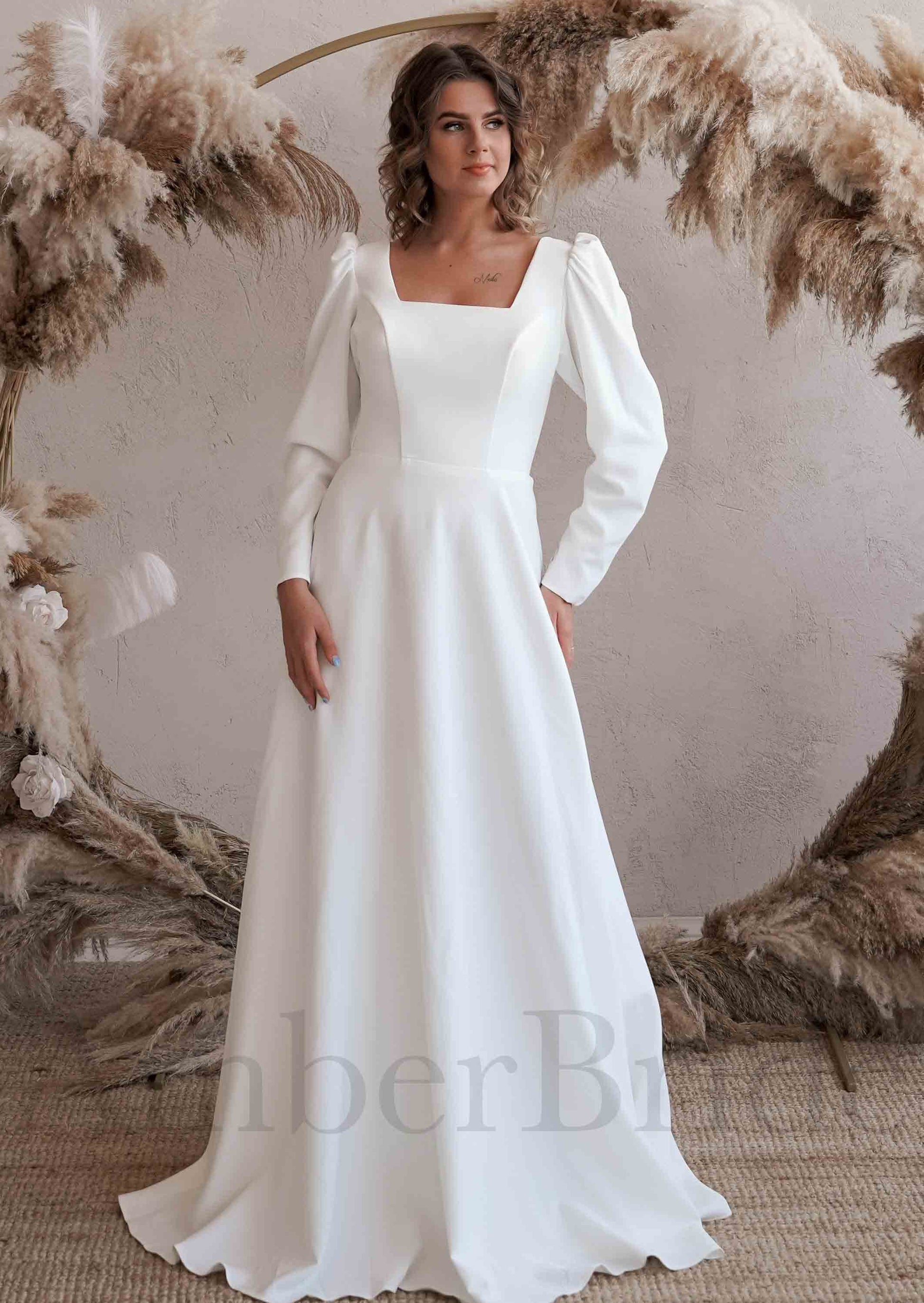Simple A Line Satin Wedding Dress with Square Neck and Long Sleeves