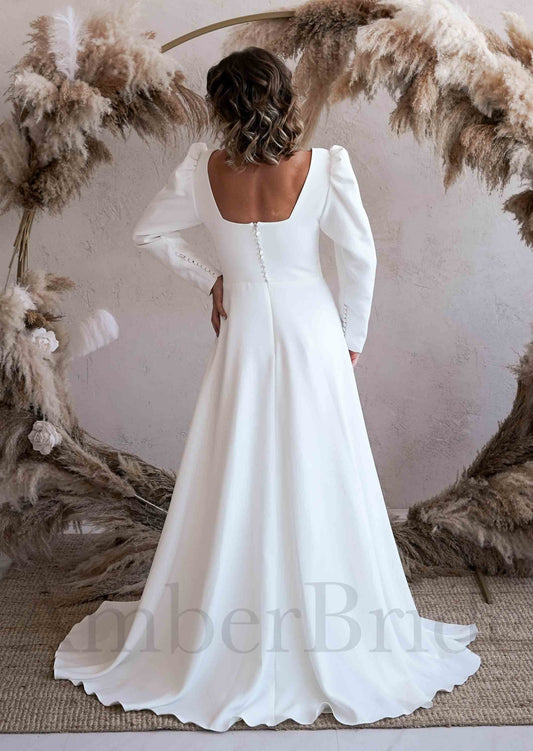 Simple A Line Satin Wedding Dress with Square Neck and Long Sleeves