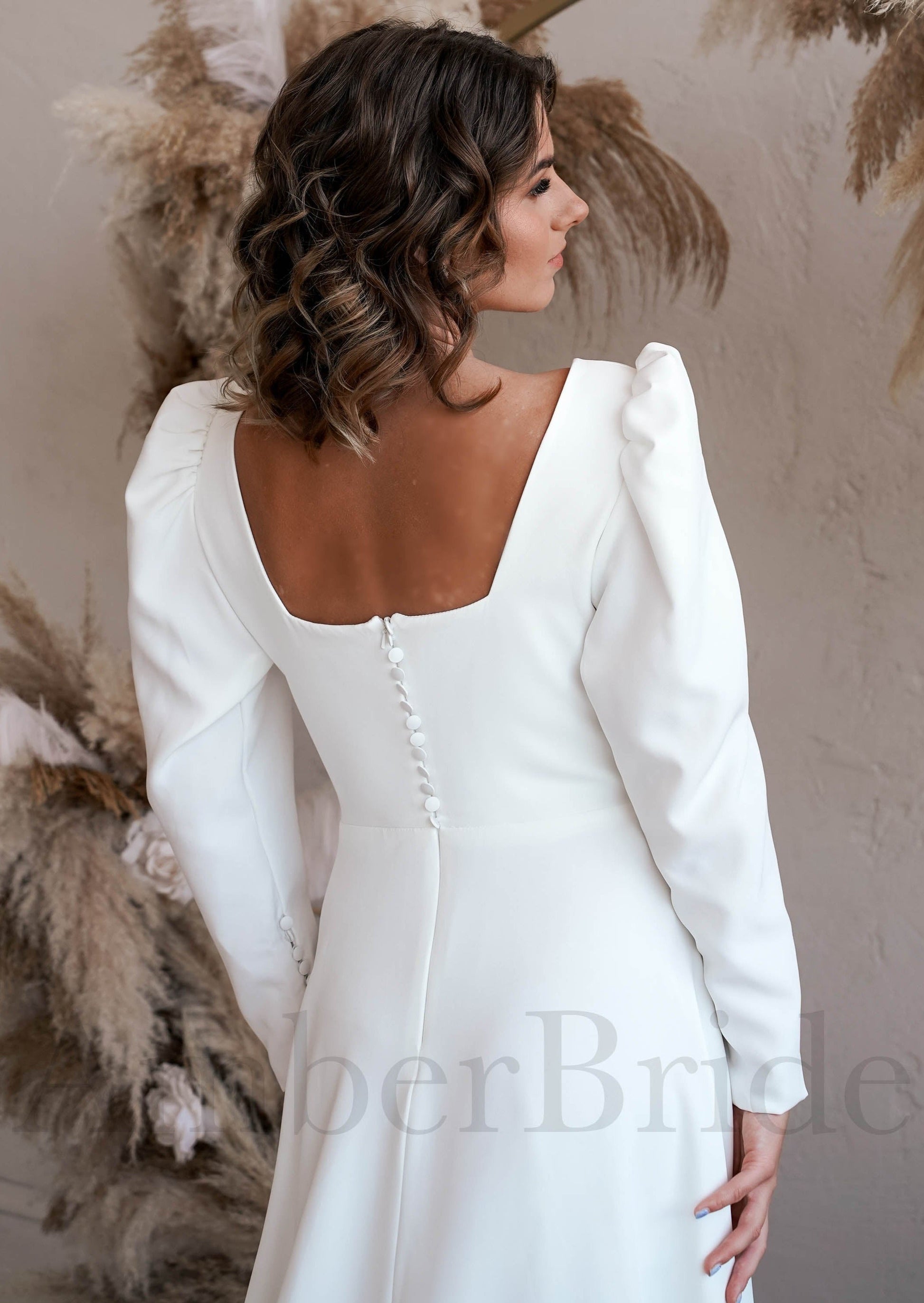 Simple A Line Satin Wedding Dress with Square Neck and Long Sleeves